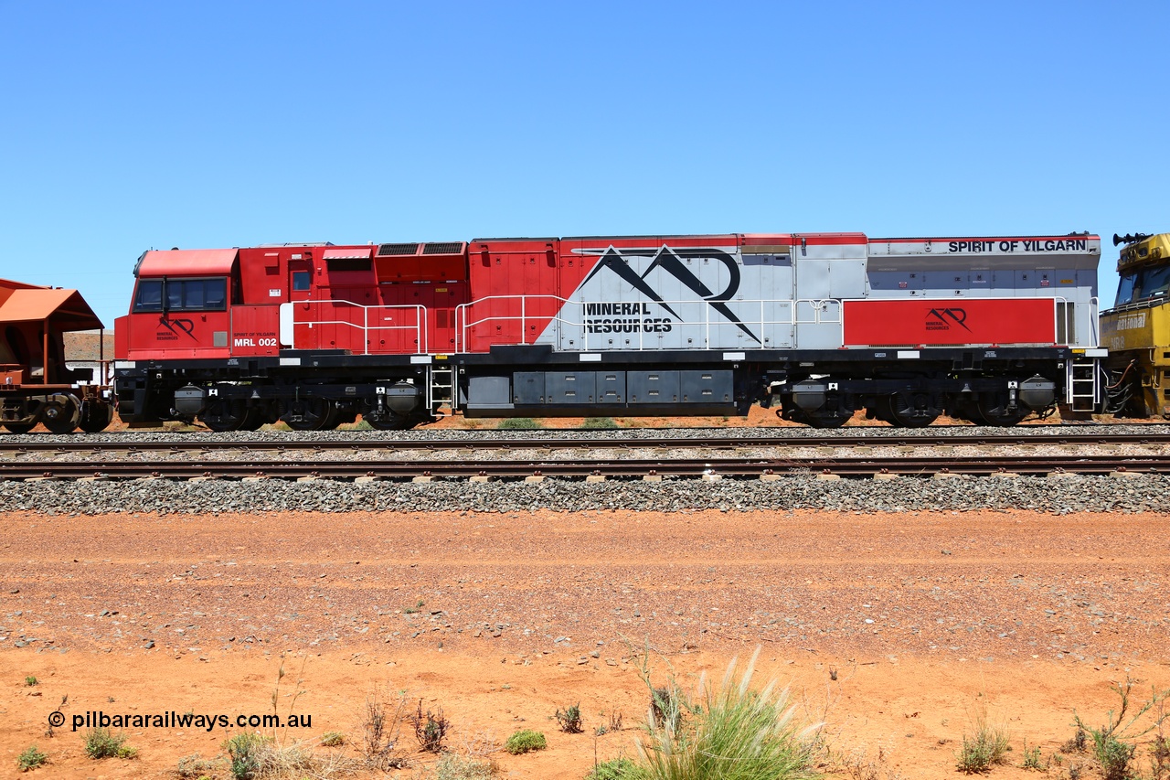190107 0489
Parkeston, side view of Mineral Resources MRL class loco MRL 002 'Spirit of Yilgarn' with serial R-0113-03/14-505 a UGL Rail Broadmeadow NSW built GE model C44ACi in 2014.
Keywords: MRL-class;MRL002;UGL-Rail-Broadmeadow-NSW;GE;C44ACi;R-0113-03/14-505;