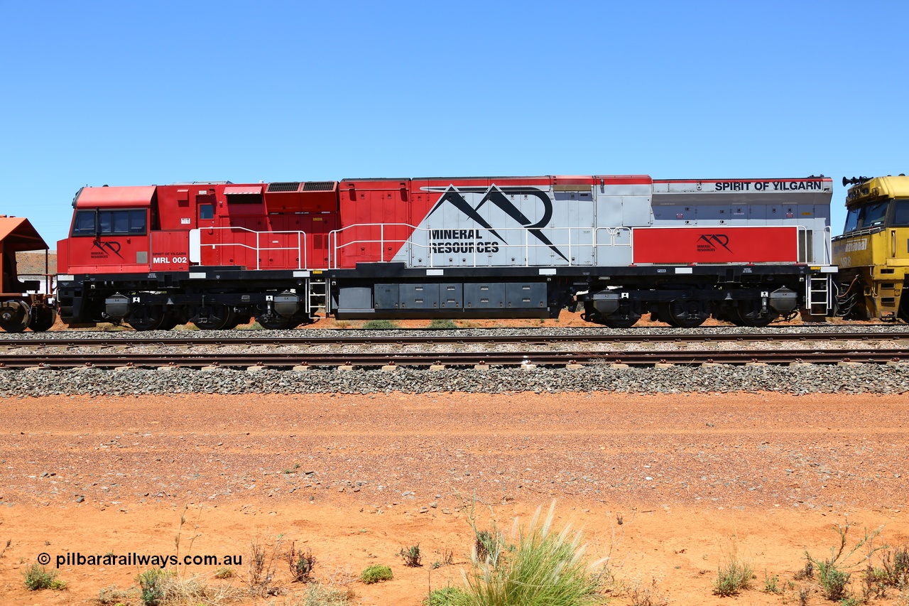 190107 0490
Parkeston, side view of Mineral Resources MRL class loco MRL 002 'Spirit of Yilgarn' with serial R-0113-03/14-505 a UGL Rail Broadmeadow NSW built GE model C44ACi in 2014.
Keywords: MRL-class;MRL002;R-0113-03/14-505;UGL-Rail-Broadmeadow-NSW;GE;C44aci;