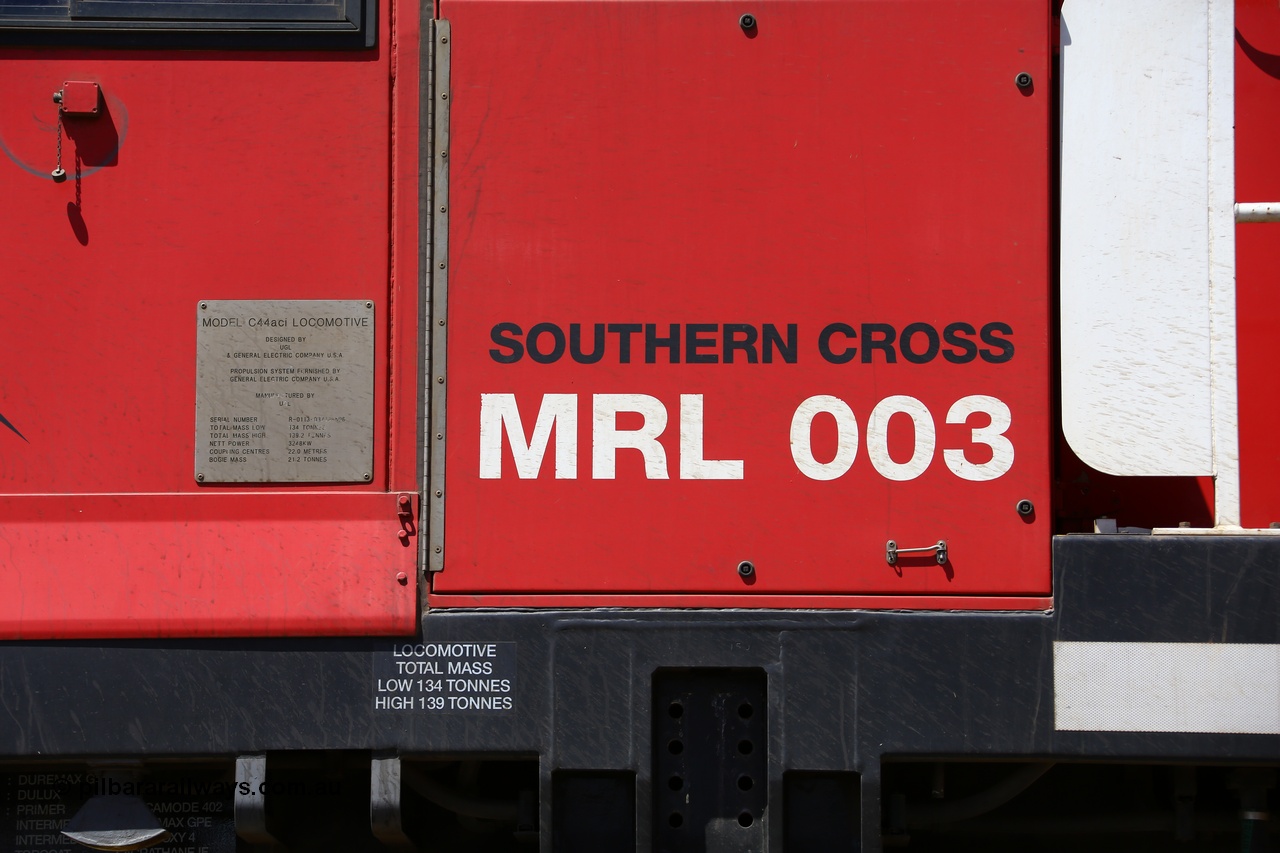 190107 0519
Binduli, cab side view of Mineral Resources MRL class loco MRL 003 'Southern Cross' with serial R-0113-03/14-506 a UGL Rail Broadmeadow NSW built GE model C44ACi in 2014.
Keywords: MRL-class;MRL003;UGL-Rail-Broadmeadow-NSW;GE;C44ACi;R-0113-03/14-506;