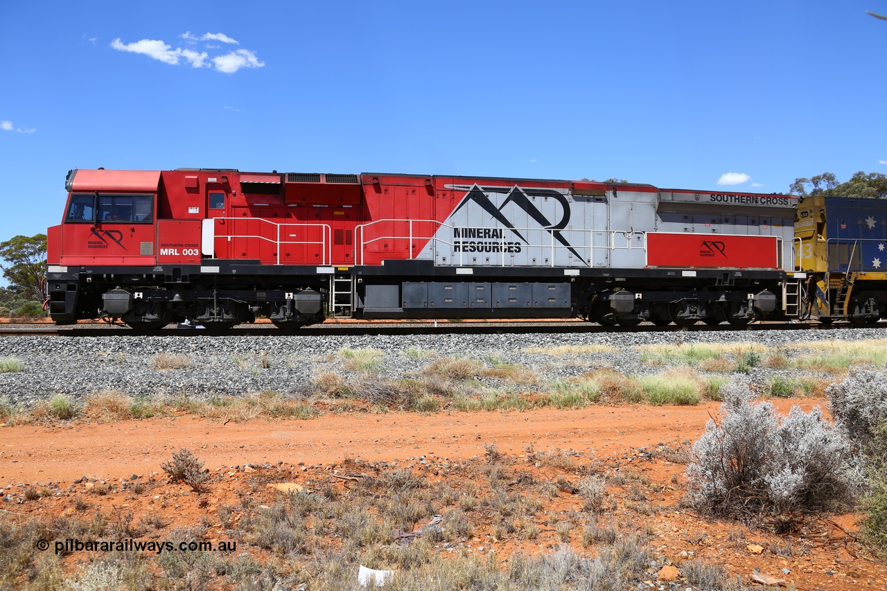 190107 0531
Binduli, side view of Mineral Resources MRL class loco MRL 003 'Southern Cross' with serial R-0113-03/14-506 a UGL Rail Broadmeadow NSW built GE model C44ACi locomotive with 4354 horsepower.
Keywords: MRL-class;MRL003;UGL-Rail-Broadmeadow-NSW;GE;C44ACi;R-0113-03/14-506;