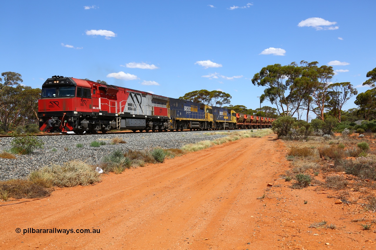 190107 0532
Binduli, following a crew change Mineral Resources empty iron ore train 2034 with Mineral Resources MRL class loco MRL 003 'Southern Cross' with serial R-0113-03/14-506 a UGL Rail Broadmeadow NSW built GE model C44ACi leads two Pacific National NR class units NR 43 and NR 78 with 53 pairs of MHPYs and 2 single MHLY bottom discharge hopper waggons for 1293 metres and 2258 tonnes.
Keywords: MRL-class;MRL003;R-0113-03/14-506;UGL-Rail-Broadmeadow-NSW;GE;C44aci;