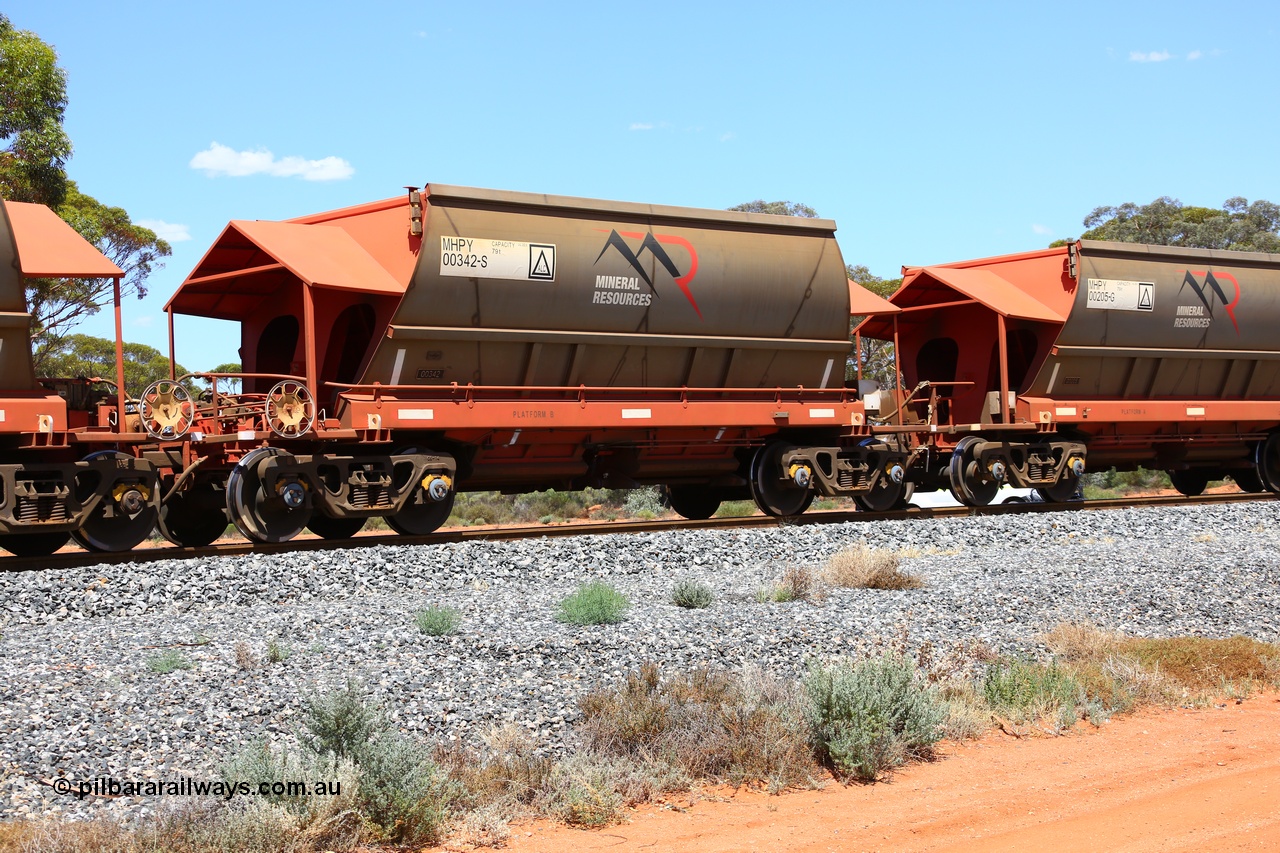 190107 0539
Binduli, on empty Mineral Resources Ltd iron ore train service from Esperance to Koolyanobbing 2034 with MRL's MHPY type iron ore waggon MHPY 00342 built by CSR Yangtze Co China serial 2014/382-342 in 2014 as a batch of 382 units, these bottom discharge hopper waggons are operated in 'married' pairs.
Keywords: MHPY-type;MHPY00342;2014/382-342;CSR-Yangtze-Rolling-Stock-Co-China;