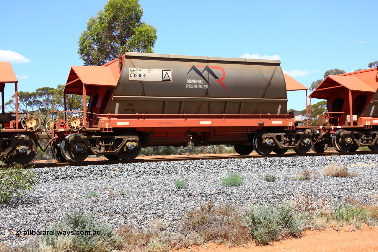 190107 0541
Binduli, on empty Mineral Resources Ltd iron ore train service from Esperance to Koolyanobbing 2034 with MRL's MHPY type iron ore waggon MHPY 00206 built by CSR Yangtze Co China serial 2014/382-206 in 2014 as a batch of 382 units, these bottom discharge hopper waggons are operated in 'married' pairs.
Keywords: MHPY-type;MHPY00206;2014/382-206;CSR-Yangtze-Rolling-Stock-Co-China;