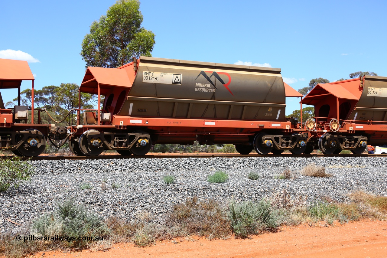 190107 0542
Binduli, on empty Mineral Resources Ltd iron ore train service from Esperance to Koolyanobbing 2034 with MRL's MHPY type iron ore waggon MHPY 00121 built by CSR Yangtze Co China serial 2014/382-121 in 2014 as a batch of 382 units, these bottom discharge hopper waggons are operated in 'married' pairs.
Keywords: MHPY-type;MHPY00121;2014/382-121;CSR-Yangtze-Rolling-Stock-Co-China;