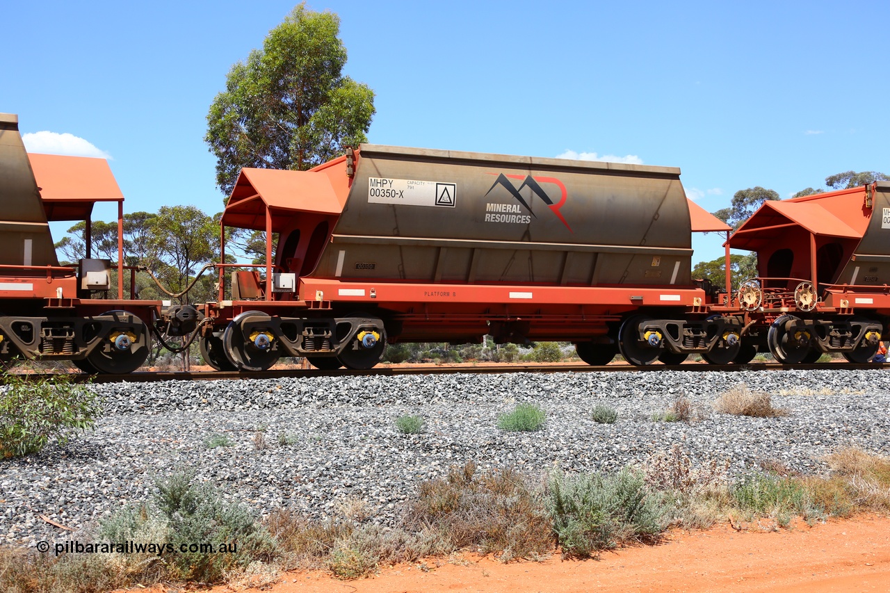 190107 0544
Binduli, on empty Mineral Resources Ltd iron ore train service from Esperance to Koolyanobbing 2034 with MRL's MHPY type iron ore waggon MHPY 00350 built by CSR Yangtze Co China serial 2014/382-350 in 2014 as a batch of 382 units, these bottom discharge hopper waggons are operated in 'married' pairs.
Keywords: MHPY-type;MHPY00350;2014/382-350;CSR-Yangtze-Co-China;
