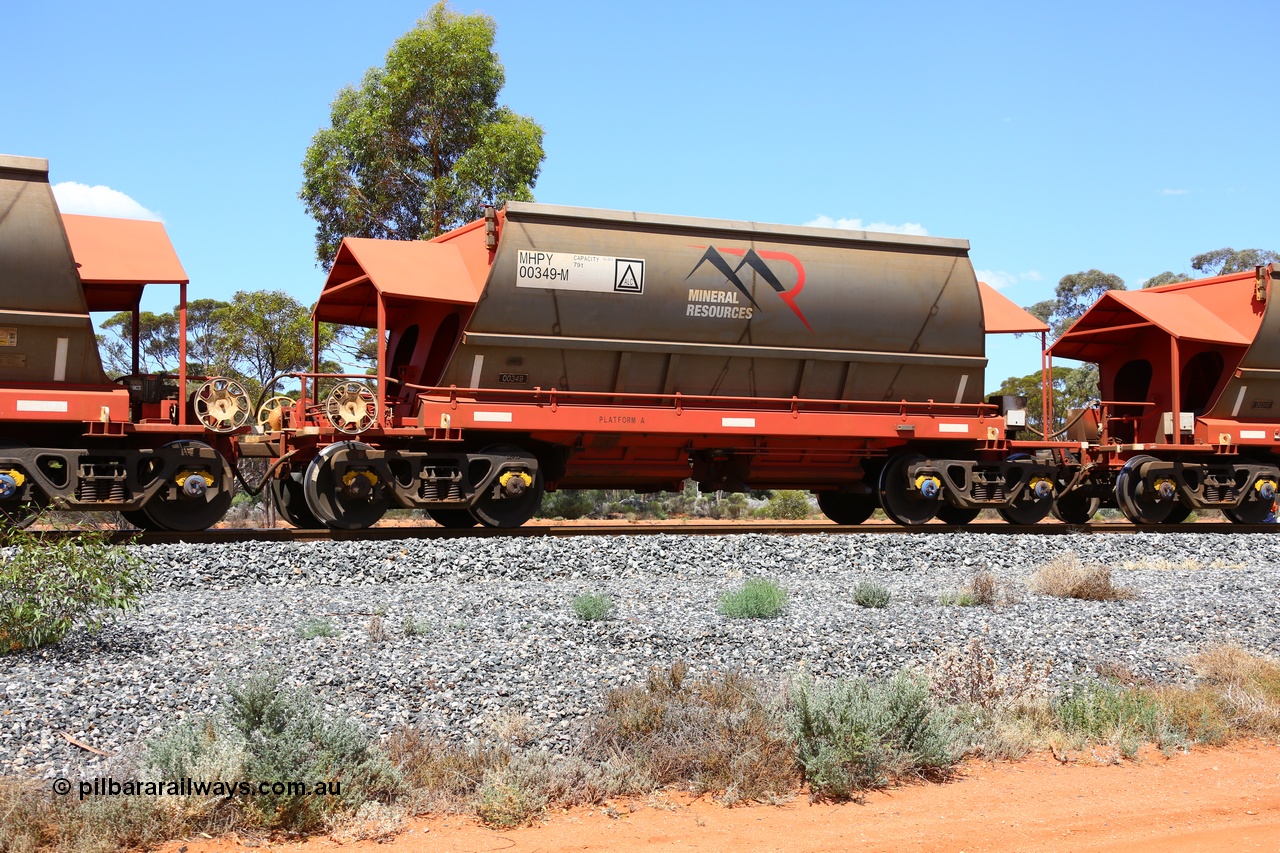 190107 0545
Binduli, on empty Mineral Resources Ltd iron ore train service from Esperance to Koolyanobbing 2034 with MRL's MHPY type iron ore waggon MHPY 00349 built by CSR Yangtze Co China serial 2014/382-349 in 2014 as a batch of 382 units, these bottom discharge hopper waggons are operated in 'married' pairs.
Keywords: MHPY-type;MHPY00349;2014/382-349;CSR-Yangtze-Rolling-Stock-Co-China;