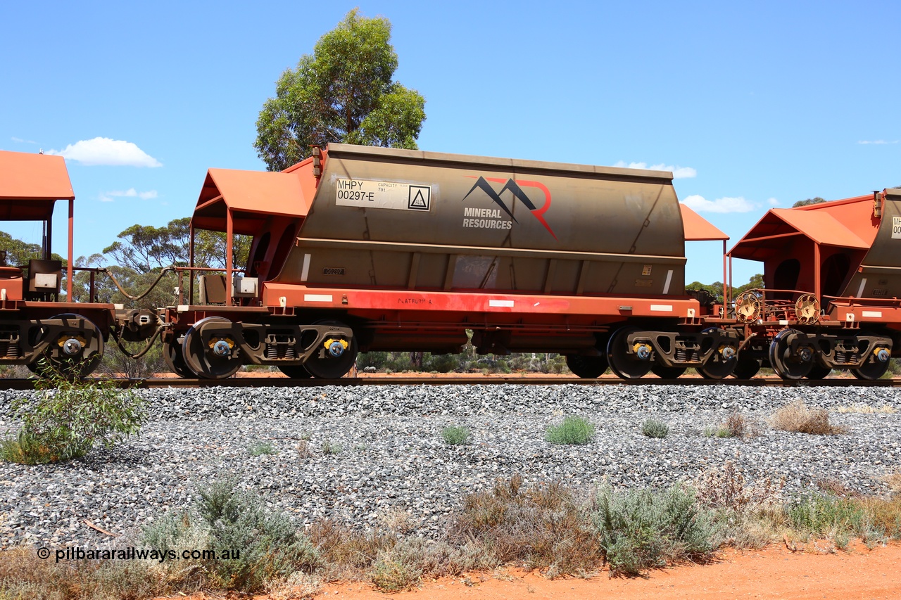 190107 0552
Binduli, on empty Mineral Resources Ltd iron ore train service from Esperance to Koolyanobbing 2034 with MRL's MHPY type iron ore waggon MHPY 00297 built by CSR Yangtze Co China serial 2014/382-297 in 2014 as a batch of 382 units, these bottom discharge hopper waggons are operated in 'married' pairs.
Keywords: MHPY-type;MHPY00297;2014/382-297;CSR-Yangtze-Co-China;