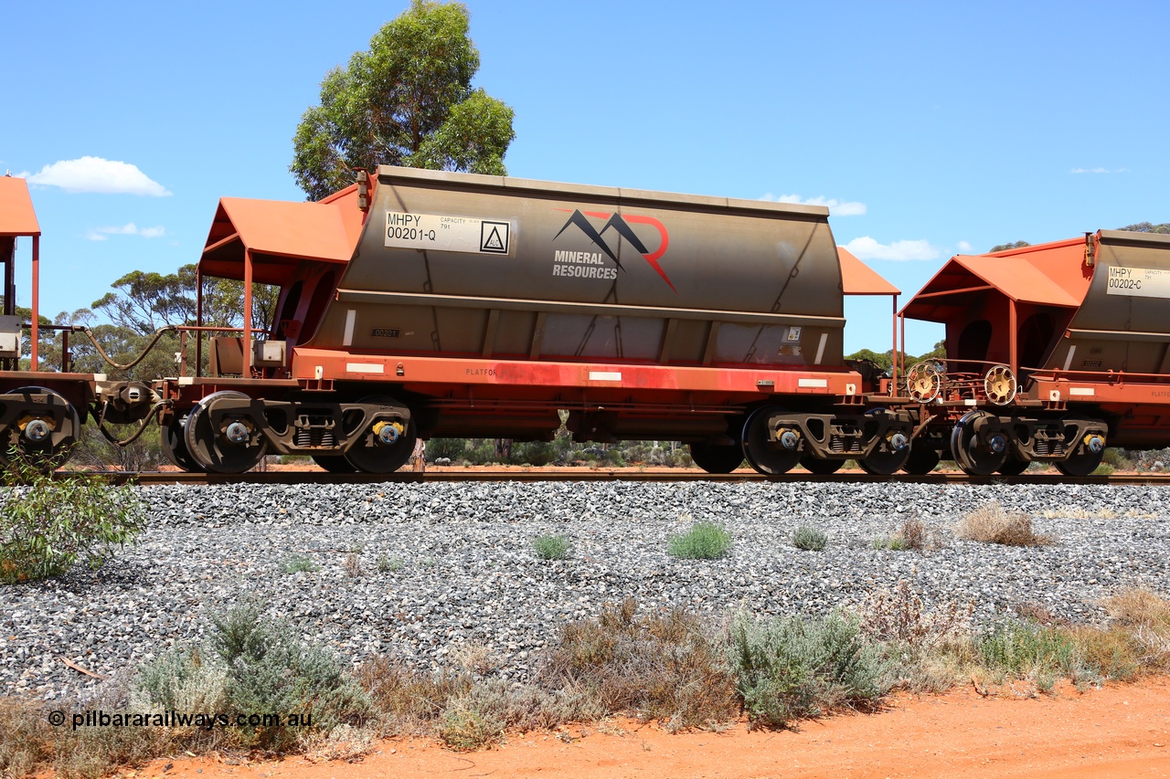 190107 0554
Binduli, on empty Mineral Resources Ltd iron ore train service from Esperance to Koolyanobbing 2034 with MRL's MHPY type iron ore waggon MHPY 00201 built by CSR Yangtze Co China serial 2014/382-201 in 2014 as a batch of 382 units, these bottom discharge hopper waggons are operated in 'married' pairs.
Keywords: MHPY-type;MHPY00201;2014/382-201;CSR-Yangtze-Co-China;