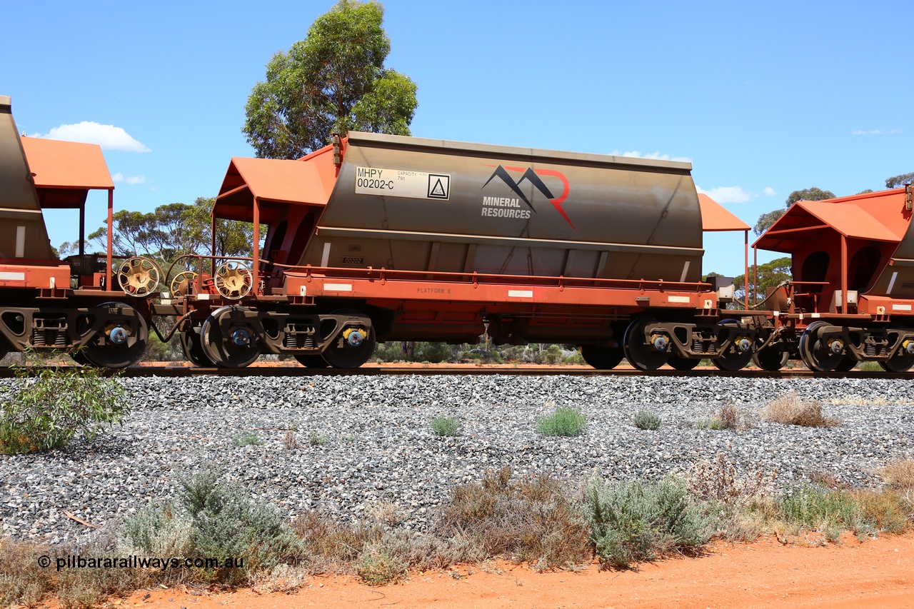 190107 0555
Binduli, on empty Mineral Resources Ltd iron ore train service from Esperance to Koolyanobbing 2034 with MRL's MHPY type iron ore waggon MHPY 00202 built by CSR Yangtze Co China serial 2014/382-202 in 2014 as a batch of 382 units, these bottom discharge hopper waggons are operated in 'married' pairs.
Keywords: MHPY-type;MHPY00202;2014/382-202;CSR-Yangtze-Rolling-Stock-Co-China;