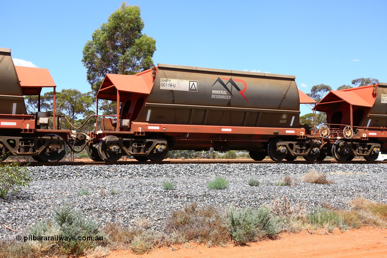 190107 0566
Binduli, on empty Mineral Resources Ltd iron ore train service from Esperance to Koolyanobbing 2034 with MRL's MHPY type iron ore waggon MHPY 00119 built by CSR Yangtze Co China serial 2014/382-119 in 2014 as a batch of 382 units, these bottom discharge hopper waggons are operated in 'married' pairs.
Keywords: MHPY-type;MHPY00119;2014/382-119;CSR-Yangtze-Co-China;