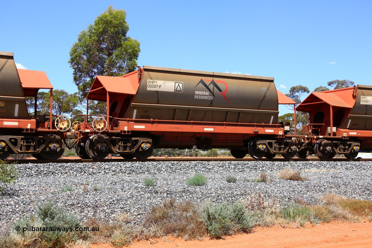 190107 0569
Binduli, on empty Mineral Resources Ltd iron ore train service from Esperance to Koolyanobbing 2034 with MRL's MHPY type iron ore waggon MHPY 00087 built by CSR Yangtze Co China serial 2014/382-87 in 2014 as a batch of 382 units, these bottom discharge hopper waggons are operated in 'married' pairs.
Keywords: MHPY-type;MHPY00087;2014/382-87;CSR-Yangtze-Rolling-Stock-Co-China;
