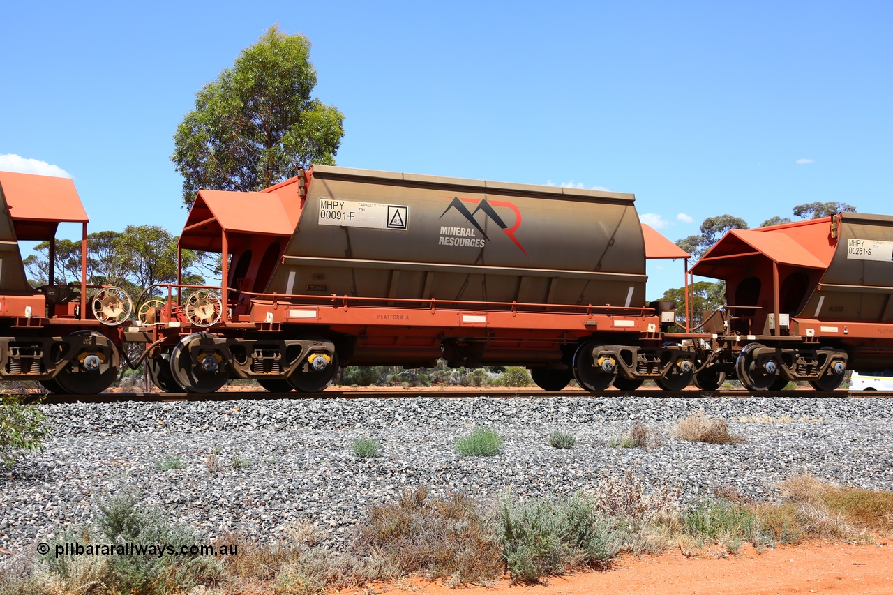 190107 0571
Binduli, on empty Mineral Resources Ltd iron ore train service from Esperance to Koolyanobbing 2034 with MRL's MHPY type iron ore waggon MHPY 00091 built by CSR Yangtze Co China serial 2014/382-91 in 2014 as a batch of 382 units, these bottom discharge hopper waggons are operated in 'married' pairs.
Keywords: MHPY-type;MHPY00091;2014/382-91;CSR-Yangtze-Rolling-Stock-Co-China;