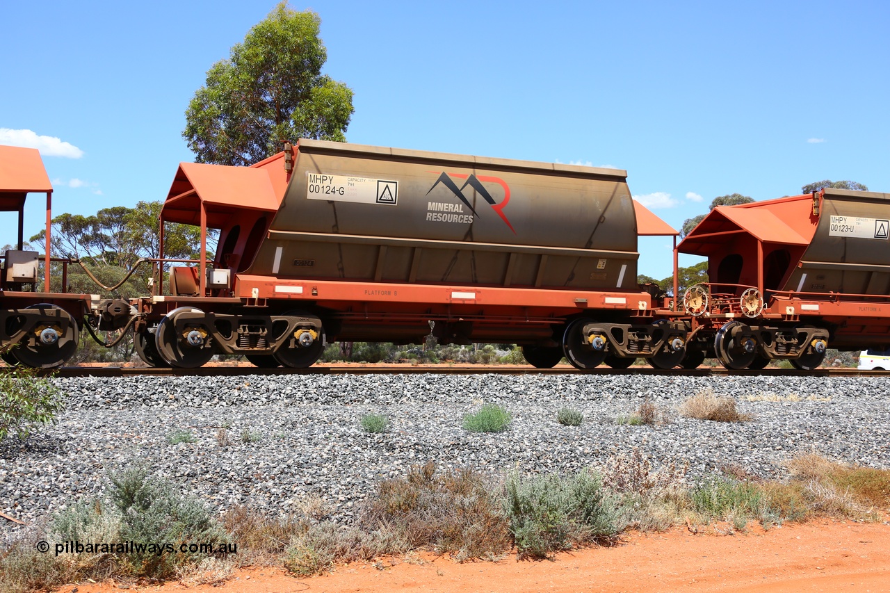 190107 0574
Binduli, on empty Mineral Resources Ltd iron ore train service from Esperance to Koolyanobbing 2034 with MRL's MHPY type iron ore waggon MHPY 00124 built by CSR Yangtze Co China serial 2014/382-124 in 2014 as a batch of 382 units, these bottom discharge hopper waggons are operated in 'married' pairs.
Keywords: MHPY-type;MHPY00124;2014/382-124;CSR-Yangtze-Rolling-Stock-Co-China;