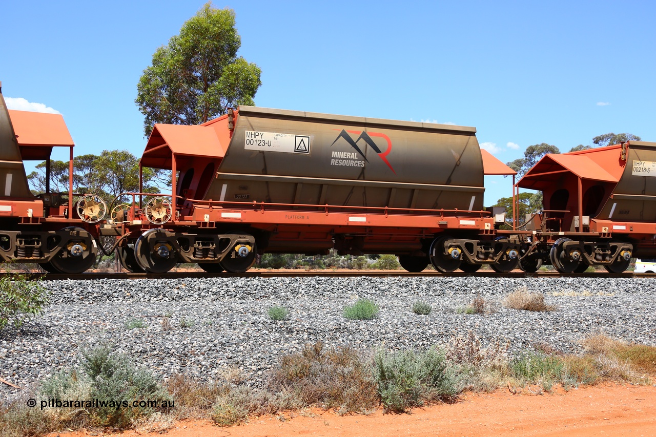 190107 0575
Binduli, on empty Mineral Resources Ltd iron ore train service from Esperance to Koolyanobbing 2034 with MRL's MHPY type iron ore waggon MHPY 00123 built by CSR Yangtze Co China serial 2014/382-123 in 2014 as a batch of 382 units, these bottom discharge hopper waggons are operated in 'married' pairs.
Keywords: MHPY-type;MHPY00123;2014/382-123;CSR-Yangtze-Co-China;