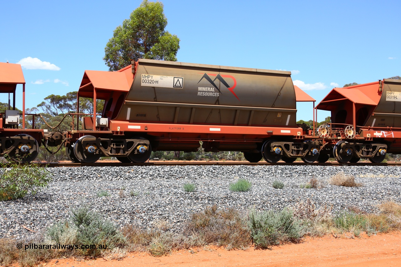 190107 0582
Binduli, on empty Mineral Resources Ltd iron ore train service from Esperance to Koolyanobbing 2034 with MRL's MHPY type iron ore waggon MHPY 00320 built by CSR Yangtze Co China serial 2014/382-320 in 2014 as a batch of 382 units, these bottom discharge hopper waggons are operated in 'married' pairs.
Keywords: MHPY-type;MHPY00320;2014/382-320;CSR-Yangtze-Rolling-Stock-Co-China;
