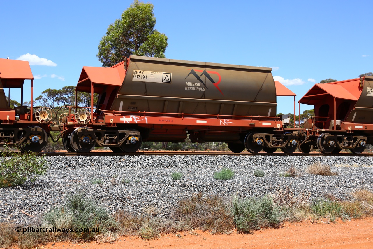 190107 0583
Binduli, on empty Mineral Resources Ltd iron ore train service from Esperance to Koolyanobbing 2034 with MRL's MHPY type iron ore waggon MHPY 00319 built by CSR Yangtze Co China serial 2014/382-319 in 2014 as a batch of 382 units, these bottom discharge hopper waggons are operated in 'married' pairs.
Keywords: MHPY-type;MHPY00319;2014/382-319;CSR-Yangtze-Rolling-Stock-Co-China;