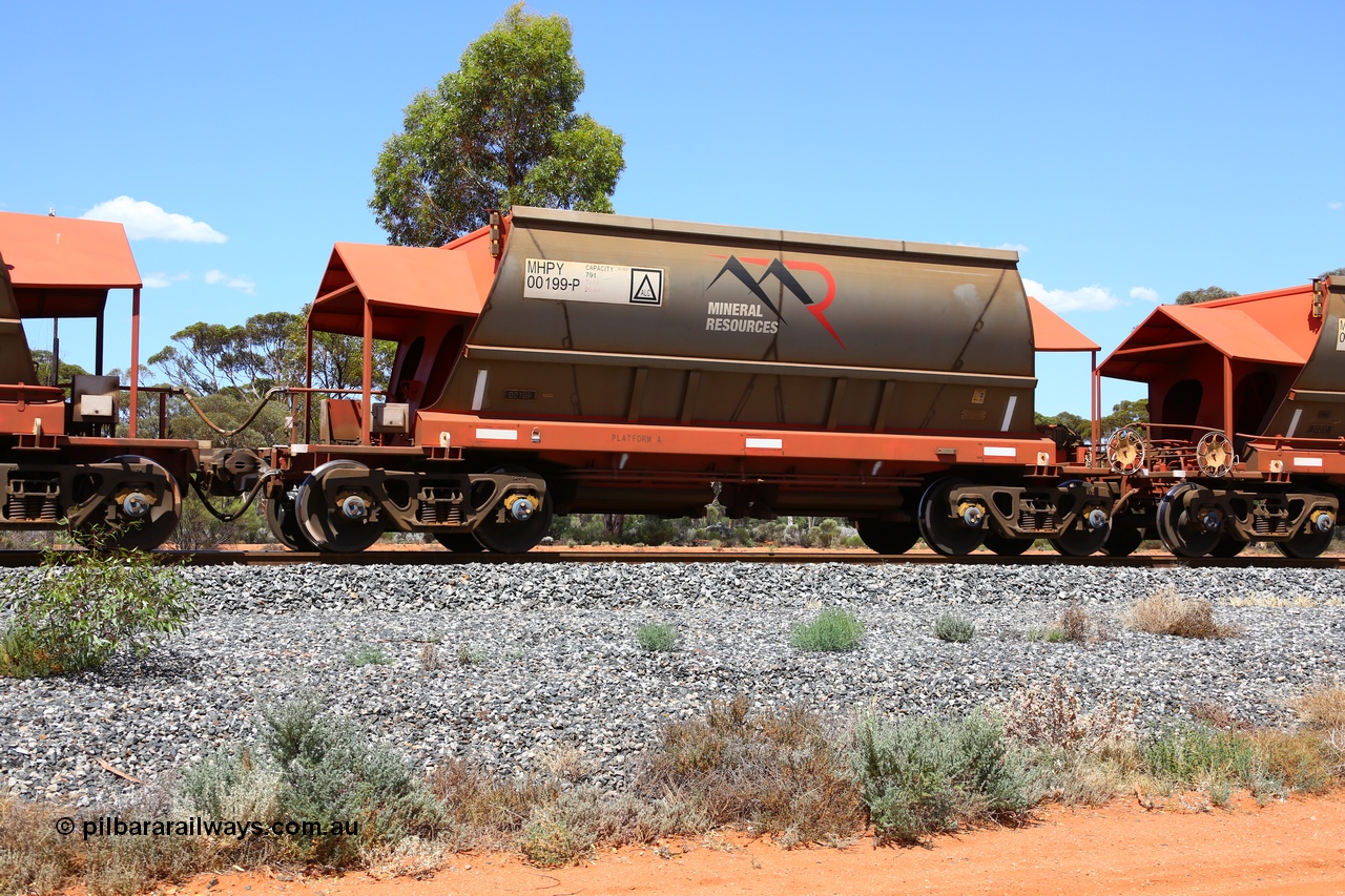 190107 0586
Binduli, on empty Mineral Resources Ltd iron ore train service from Esperance to Koolyanobbing 2034 with MRL's MHPY type iron ore waggon MHPY 00199 built by CSR Yangtze Co China serial 2014/382-199 in 2014 as a batch of 382 units, these bottom discharge hopper waggons are operated in 'married' pairs.
Keywords: MHPY-type;MHPY00199;2014/382-199;CSR-Yangtze-Co-China;