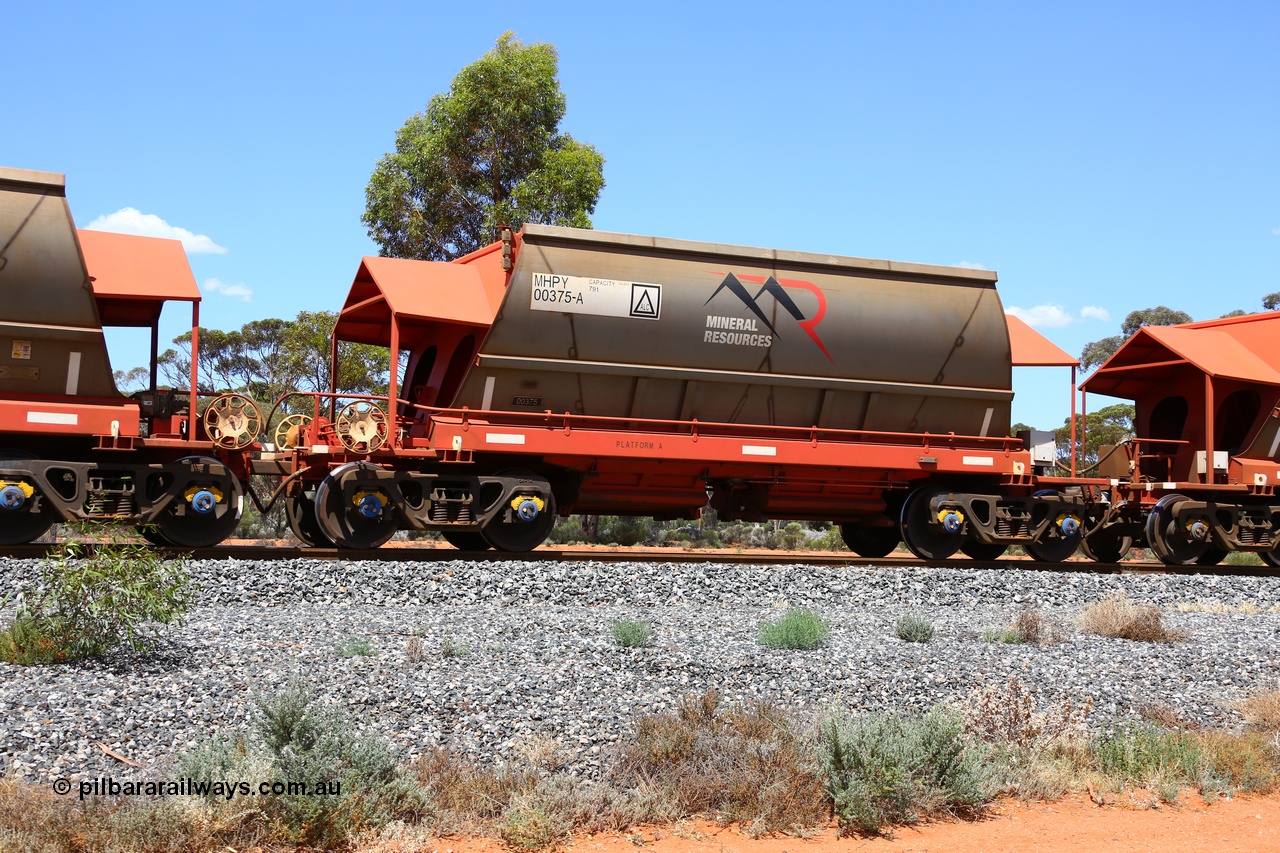 190107 0591
Binduli, on empty Mineral Resources Ltd iron ore train service from Esperance to Koolyanobbing 2034 with MRL's MHPY type iron ore waggon MHPY 00375 built by CSR Yangtze Co China serial 2014/382-375 in 2014 as a batch of 382 units, these bottom discharge hopper waggons are operated in 'married' pairs.
Keywords: MHPY-type;MHPY00375;2014/382-375;CSR-Yangtze-Rolling-Stock-Co-China;