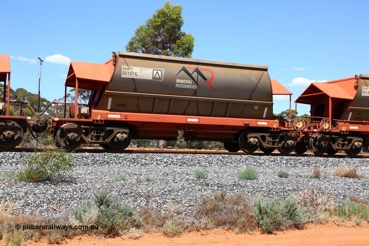 190107 0604
Binduli, on empty Mineral Resources Ltd iron ore train service from Esperance to Koolyanobbing 2034 with MRL's MHPY type iron ore waggon MHPY 00157 built by CSR Yangtze Co China serial 2014/382-157 in 2014 as a batch of 382 units, these bottom discharge hopper waggons are operated in 'married' pairs.
Keywords: MHPY-type;MHPY00157;2014/382-157;CSR-Yangtze-Rolling-Stock-Co-China;