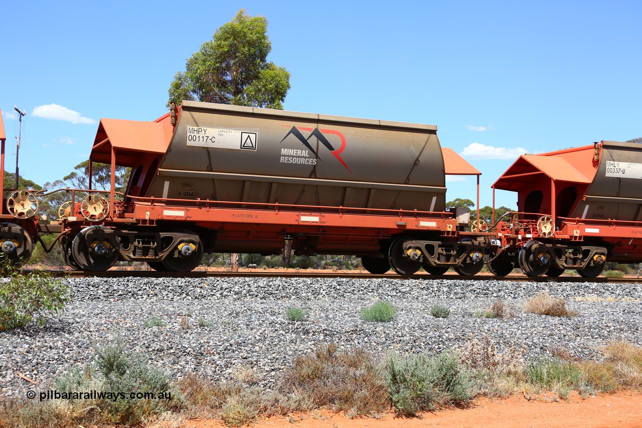 190107 0611
Binduli, on empty Mineral Resources Ltd iron ore train service from Esperance to Koolyanobbing 2034 with MRL's MHPY type iron ore waggon MHPY 00117 built by CSR Yangtze Co China serial 2014/382-117 in 2014 as a batch of 382 units, these bottom discharge hopper waggons are operated in 'married' pairs.
Keywords: MHPY-type;MHPY00117;2014/382-117;CSR-Yangtze-Rolling-Stock-Co-China;