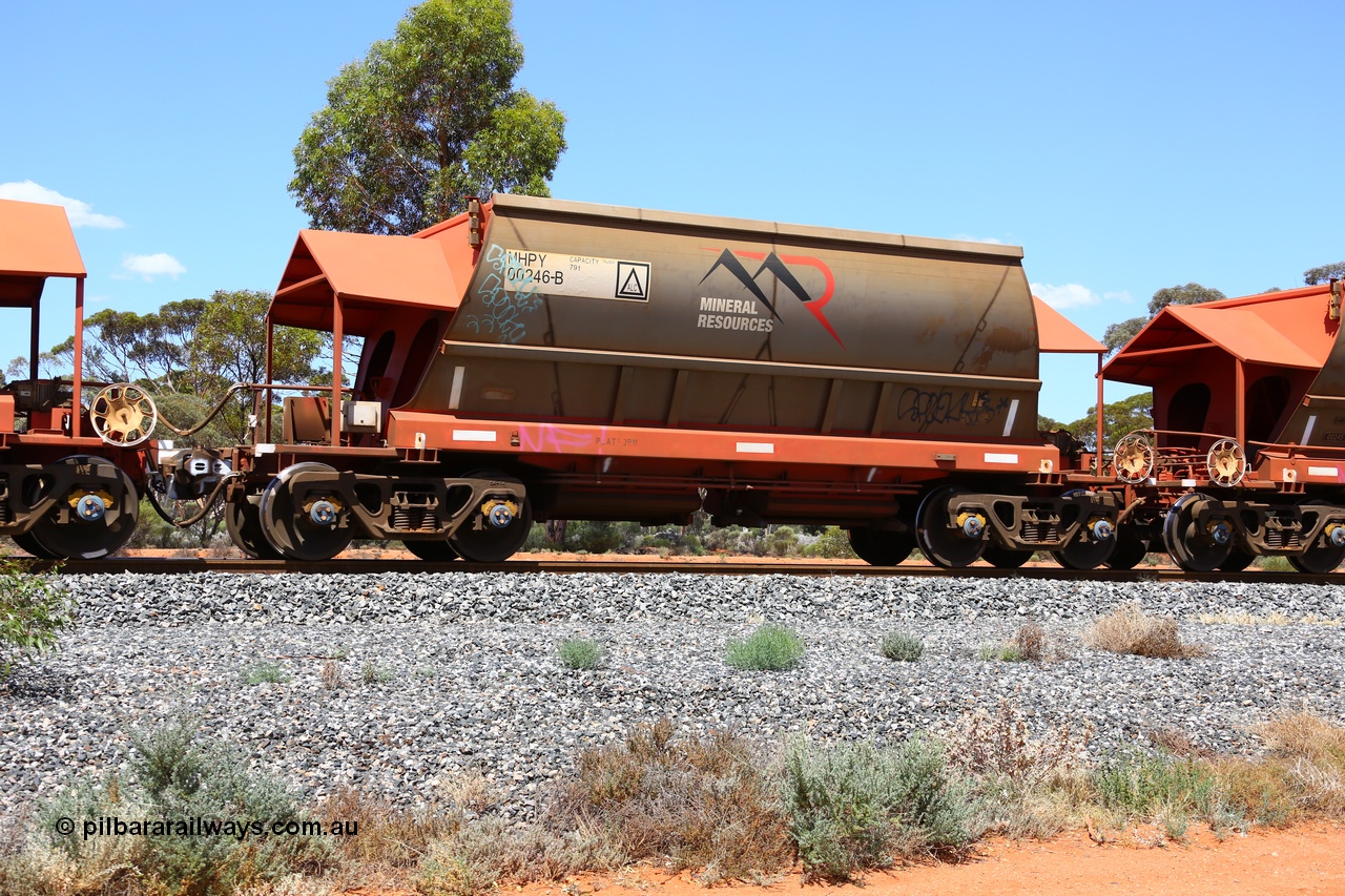 190107 0614
Binduli, on empty Mineral Resources Ltd iron ore train service from Esperance to Koolyanobbing 2034 with MRL's MHPY type iron ore waggon MHPY 00246 built by CSR Yangtze Co China serial 2014/382-246 in 2014 as a batch of 382 units, these bottom discharge hopper waggons are operated in 'married' pairs.
Keywords: MHPY-type;MHPY00246;2014/382-246;CSR-Yangtze-Rolling-Stock-Co-China;