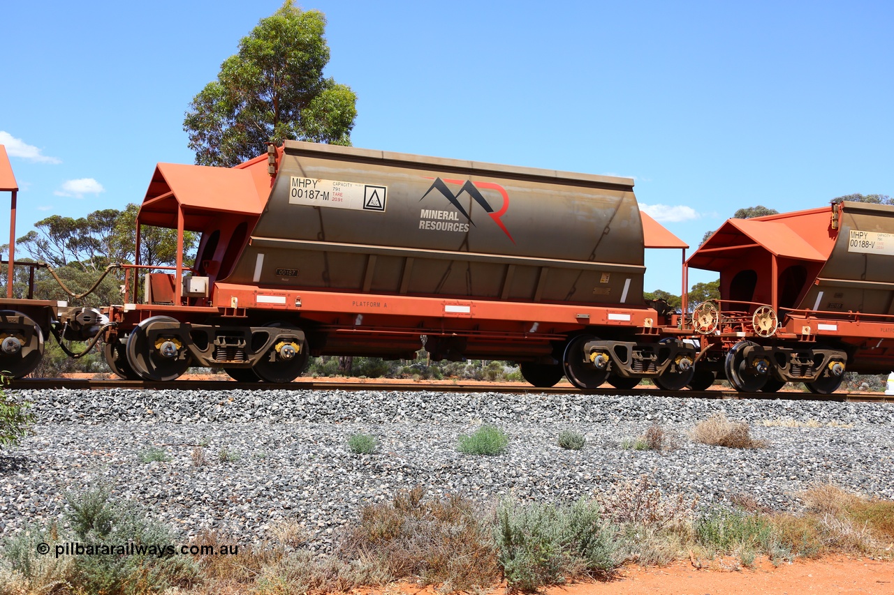 190107 0620
Binduli, on empty Mineral Resources Ltd iron ore train service from Esperance to Koolyanobbing 2034 with MRL's MHPY type iron ore waggon MHPY 00187 built by CSR Yangtze Co China serial 2014/382-187 in 2014 as a batch of 382 units, these bottom discharge hopper waggons are operated in 'married' pairs.
Keywords: MHPY-type;MHPY00187;2014/382-187;CSR-Yangtze-Rolling-Stock-Co-China;