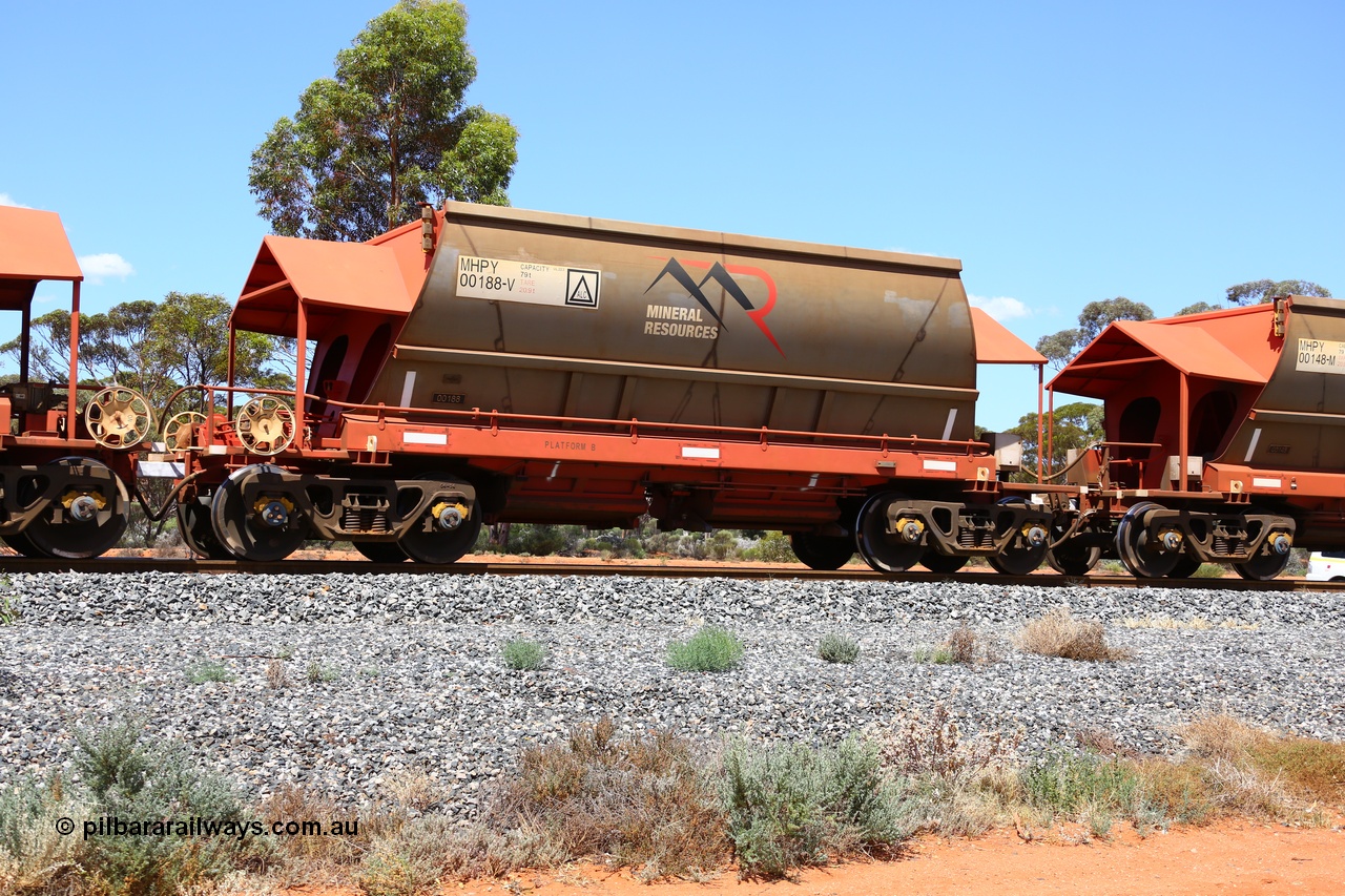 190107 0621
Binduli, on empty Mineral Resources Ltd iron ore train service from Esperance to Koolyanobbing 2034 with MRL's MHPY type iron ore waggon MHPY 00188 built by CSR Yangtze Co China serial 2014/382-188 in 2014 as a batch of 382 units, these bottom discharge hopper waggons are operated in 'married' pairs.
Keywords: MHPY-type;MHPY00188;2014/382-188;CSR-Yangtze-Rolling-Stock-Co-China;