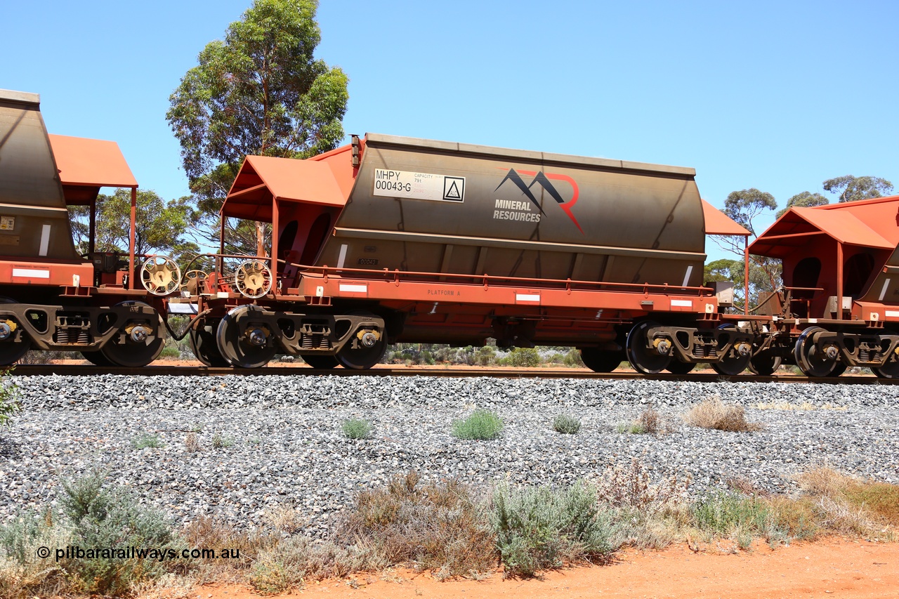 190107 0625
Binduli, on empty Mineral Resources Ltd iron ore train service from Esperance to Koolyanobbing 2034 with MRL's MHPY type iron ore waggon MHPY 00043 built by CSR Yangtze Co China serial 2014/382-43 in 2014 as a batch of 382 units, these bottom discharge hopper waggons are operated in 'married' pairs.
Keywords: MHPY-type;MHPY00043;2014/382-43;CSR-Yangtze-Rolling-Stock-Co-China;