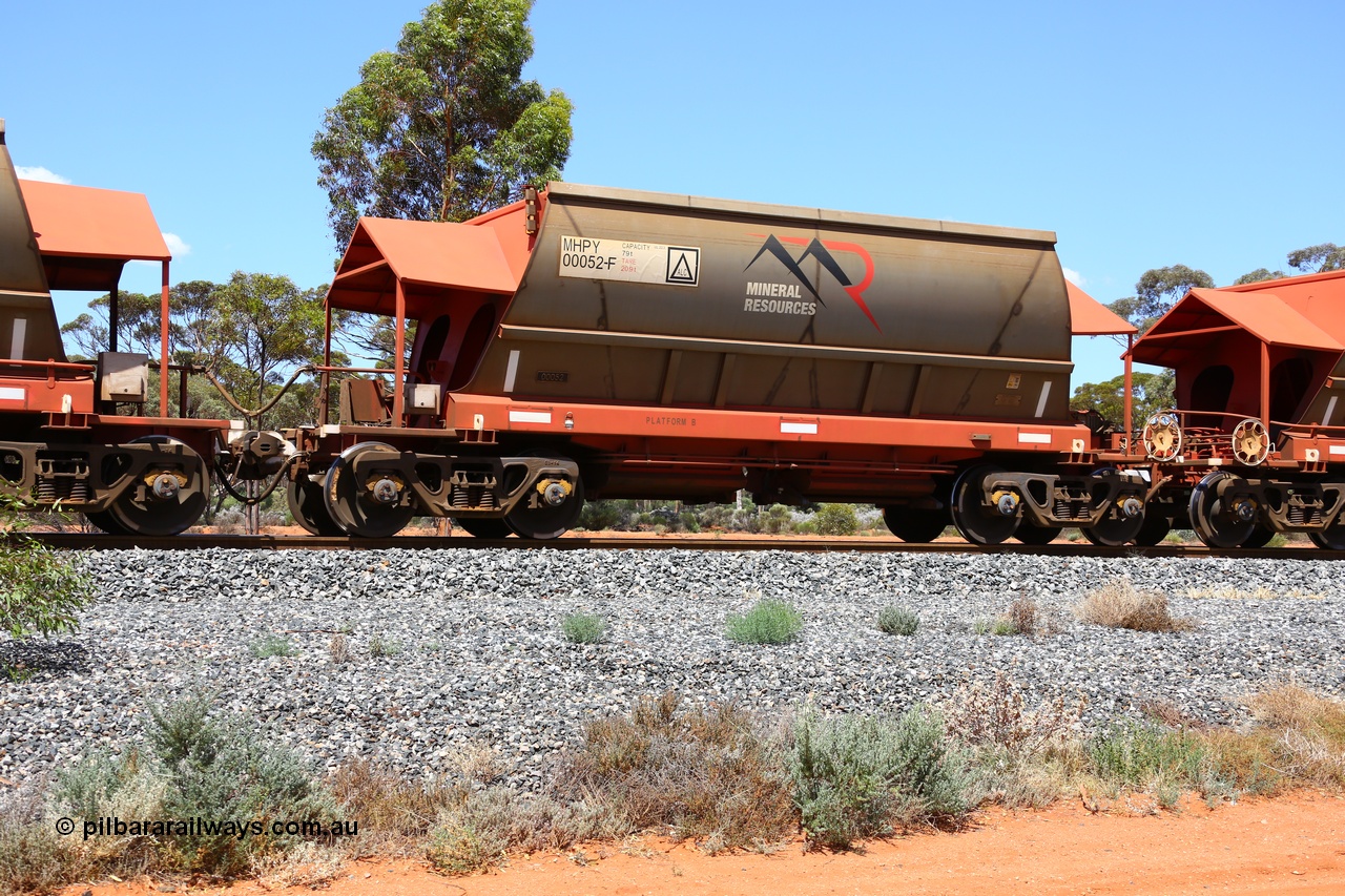 190107 0626
Binduli, on empty Mineral Resources Ltd iron ore train service from Esperance to Koolyanobbing 2034 with MRL's MHPY type iron ore waggon MHPY 00052 built by CSR Yangtze Co China serial 2014/382-52 in 2014 as a batch of 382 units, these bottom discharge hopper waggons are operated in 'married' pairs.
Keywords: MHPY-type;MHPY00052;2014/382-52;CSR-Yangtze-Co-China;