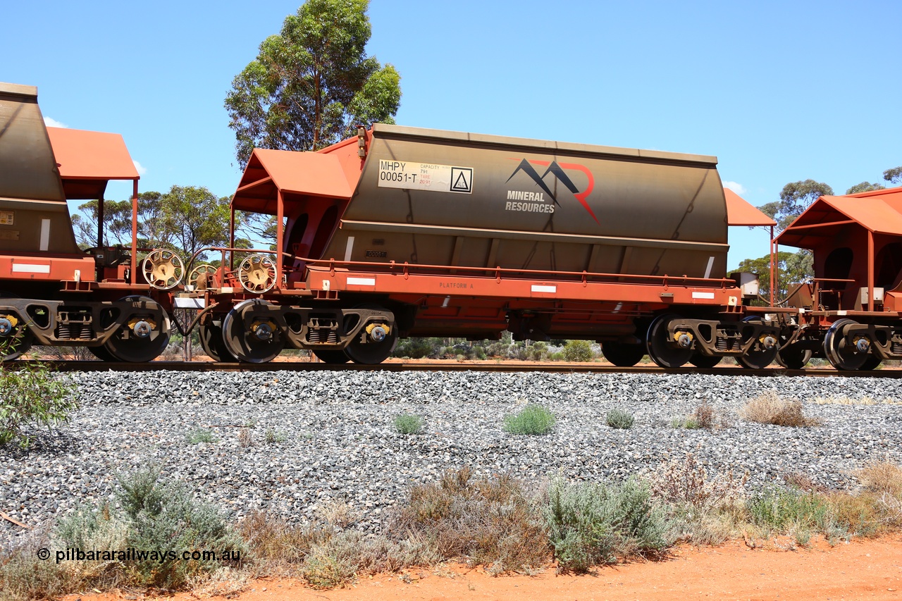 190107 0627
Binduli, on empty Mineral Resources Ltd iron ore train service from Esperance to Koolyanobbing 2034 with MRL's MHPY type iron ore waggon MHPY 00051 built by CSR Yangtze Co China serial 2014/382-51 in 2014 as a batch of 382 units, these bottom discharge hopper waggons are operated in 'married' pairs.
Keywords: MHPY-type;MHPY00051;2014/382-51;CSR-Yangtze-Co-China;