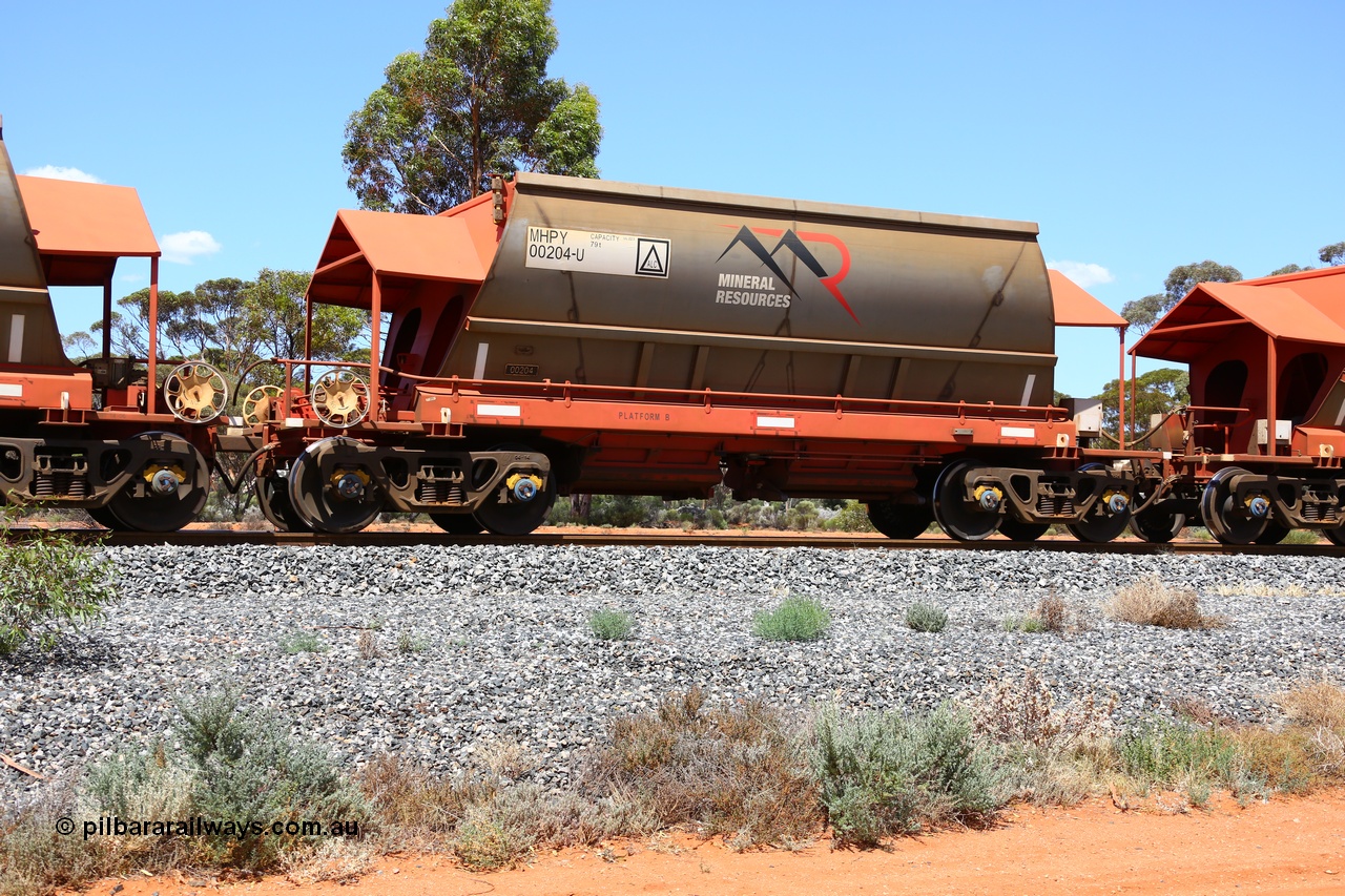 190107 0629
Binduli, on empty Mineral Resources Ltd iron ore train service from Esperance to Koolyanobbing 2034 with MRL's MHPY type iron ore waggon MHPY 00204 built by CSR Yangtze Co China serial 2014/382-204 in 2014 as a batch of 382 units, these bottom discharge hopper waggons are operated in 'married' pairs.
Keywords: MHPY-type;MHPY00204;2014/382-204;CSR-Yangtze-Rolling-Stock-Co-China;