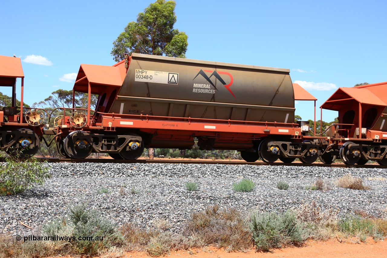 190107 0631
Binduli, on empty Mineral Resources Ltd iron ore train service from Esperance to Koolyanobbing 2034 with MRL's MHPY type iron ore waggon MHPY 00348 built by CSR Yangtze Co China serial 2014/382-348 in 2014 as a batch of 382 units, these bottom discharge hopper waggons are operated in 'married' pairs.
Keywords: MHPY-type;MHPY00348;2014/382-348;CSR-Yangtze-Rolling-Stock-Co-China;