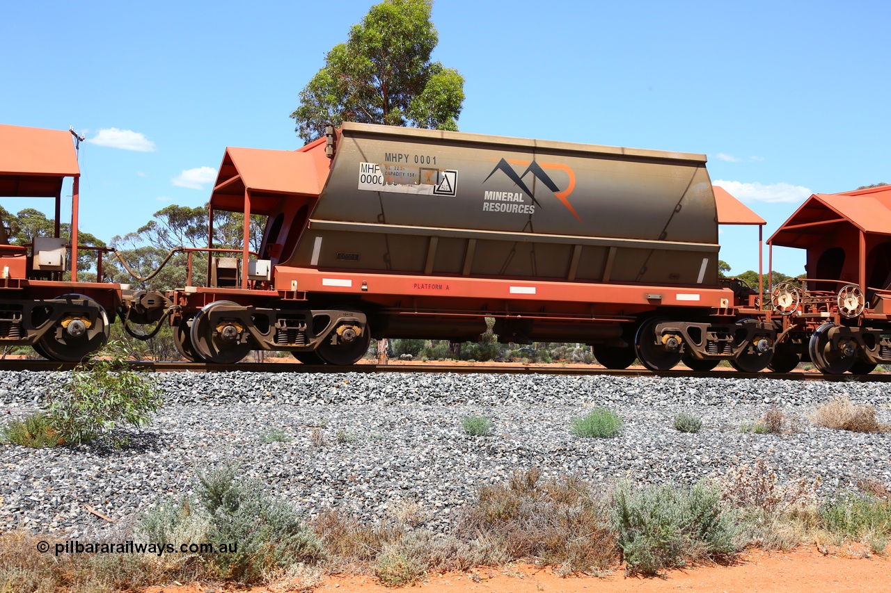 190107 0634
Binduli, on empty Mineral Resources Ltd iron ore train service from Esperance to Koolyanobbing 2034 with MRL's MHPY type iron ore waggon MHPY 00001 built by CSR Yangtze Co China serial 2014/382-1 in 2014 as a batch of 382 units, these bottom discharge hopper waggons are operated in 'married' pairs.
Keywords: MHPY-type;MHPY00001;2014/382-1;CSR-Yangtze-Rolling-Stock-Co-China;