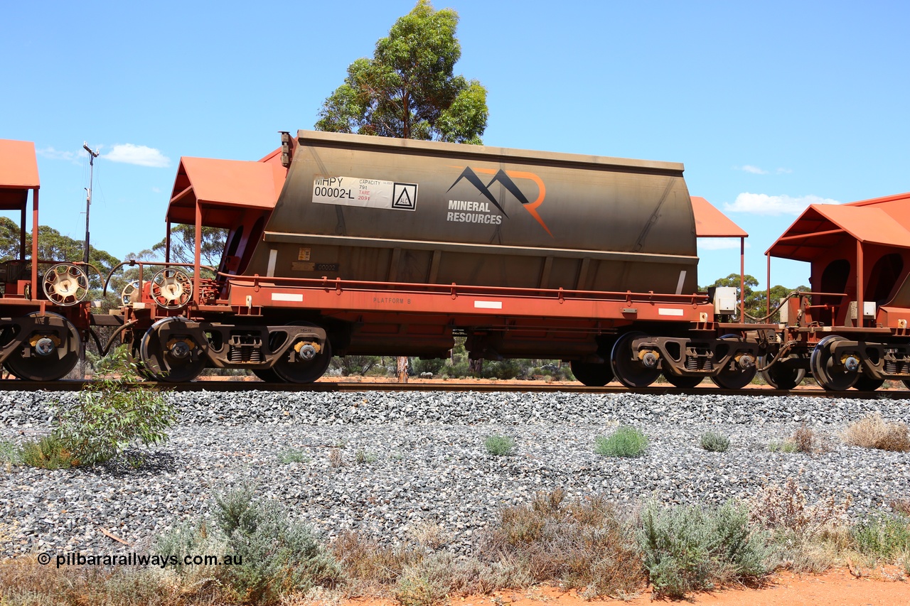 190107 0635
Binduli, on empty Mineral Resources Ltd iron ore train service from Esperance to Koolyanobbing 2034 with MRL's MHPY type iron ore waggon MHPY 00002 built by CSR Yangtze Co China serial 2014/382-2 in 2014 as a batch of 382 units, these bottom discharge hopper waggons are operated in 'married' pairs.
Keywords: MHPY-type;MHPY00002;2014/382-2;CSR-Yangtze-Co-China;