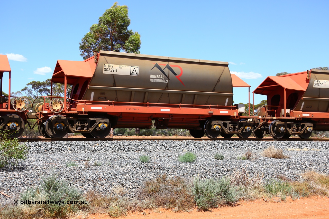 190107 0637
Binduli, on empty Mineral Resources Ltd iron ore train service from Esperance to Koolyanobbing 2034 with MRL's MHPY type iron ore waggon MHPY 00329 built by CSR Yangtze Co China serial 2014/382-329 in 2014 as a batch of 382 units, these bottom discharge hopper waggons are operated in 'married' pairs.
Keywords: MHPY-type;MHPY00329;2014/382-329;CSR-Yangtze-Rolling-Stock-Co-China;