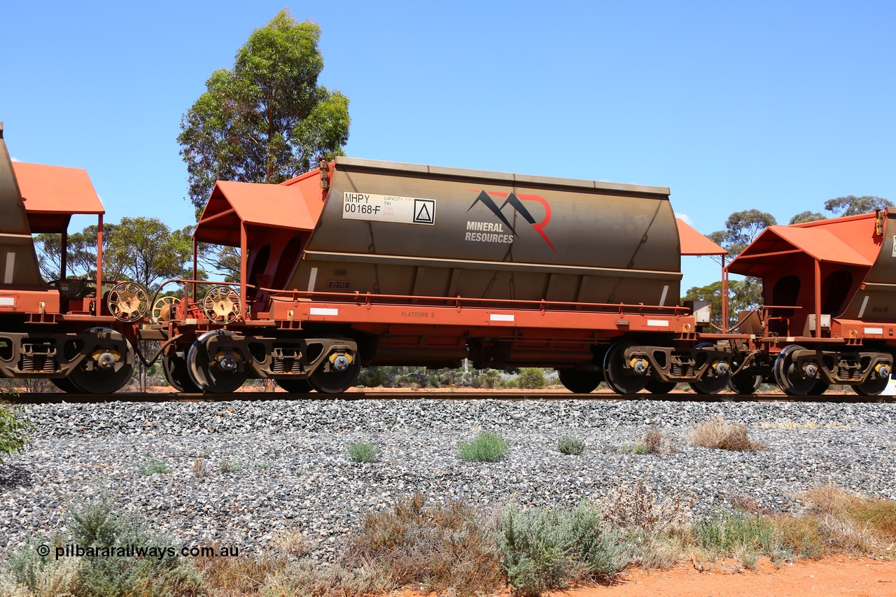 190107 0639
Binduli, on empty Mineral Resources Ltd iron ore train service from Esperance to Koolyanobbing 2034 with MRL's MHPY type iron ore waggon MHPY 00168 built by CSR Yangtze Co China serial 2014/382-168 in 2014 as a batch of 382 units, these bottom discharge hopper waggons are operated in 'married' pairs.
Keywords: MHPY-type;MHPY00168;2014/382-168;CSR-Yangtze-Co-China;