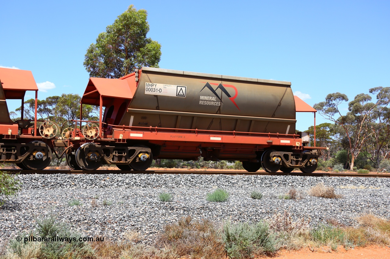 190107 0643
Binduli, on empty Mineral Resources Ltd iron ore train service from Esperance to Koolyanobbing 2034 with MRL's MHPY type iron ore waggon MHPY 00031 built by CSR Yangtze Co China serial 2014/382-31 in 2014 as a batch of 382 units, these bottom discharge hopper waggons are operated in 'married' pairs.
Keywords: MHPY-type;MHPY00031;2014/382-31;CSR-Yangtze-Co-China;