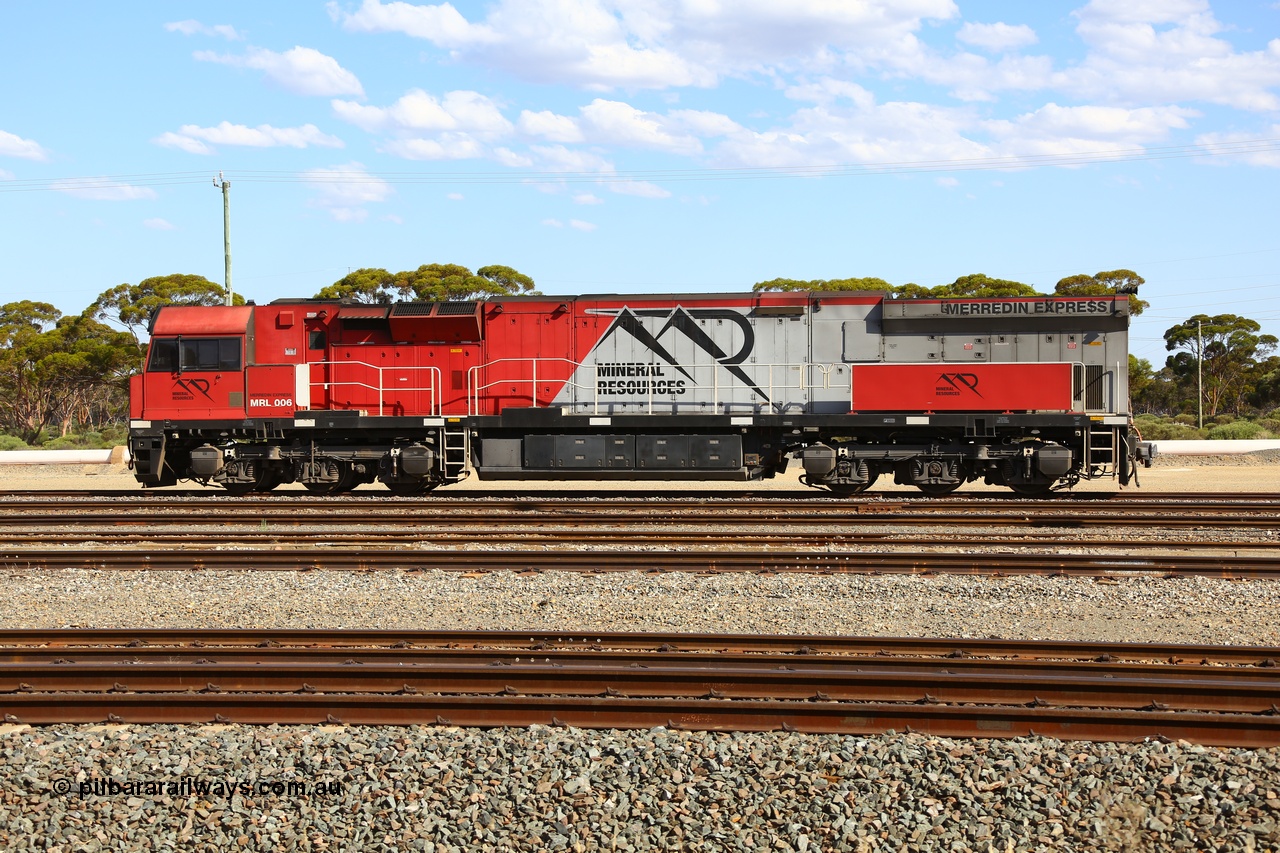 190107 0654
West Kalgoorlie, Mineral Resources MRL class loco MRL 006 'Merredin Express' with serial R-0113-05/14-509 a UGL Rail Broadmeadow NSW built GE model C44ACi model locomotive built in 2014 with 4354 horsepower.
Keywords: MRL-class;MRL006;UGL-Rail-Broadmeadow-NSW;GE;C44ACi;R-0113-05/14-509;