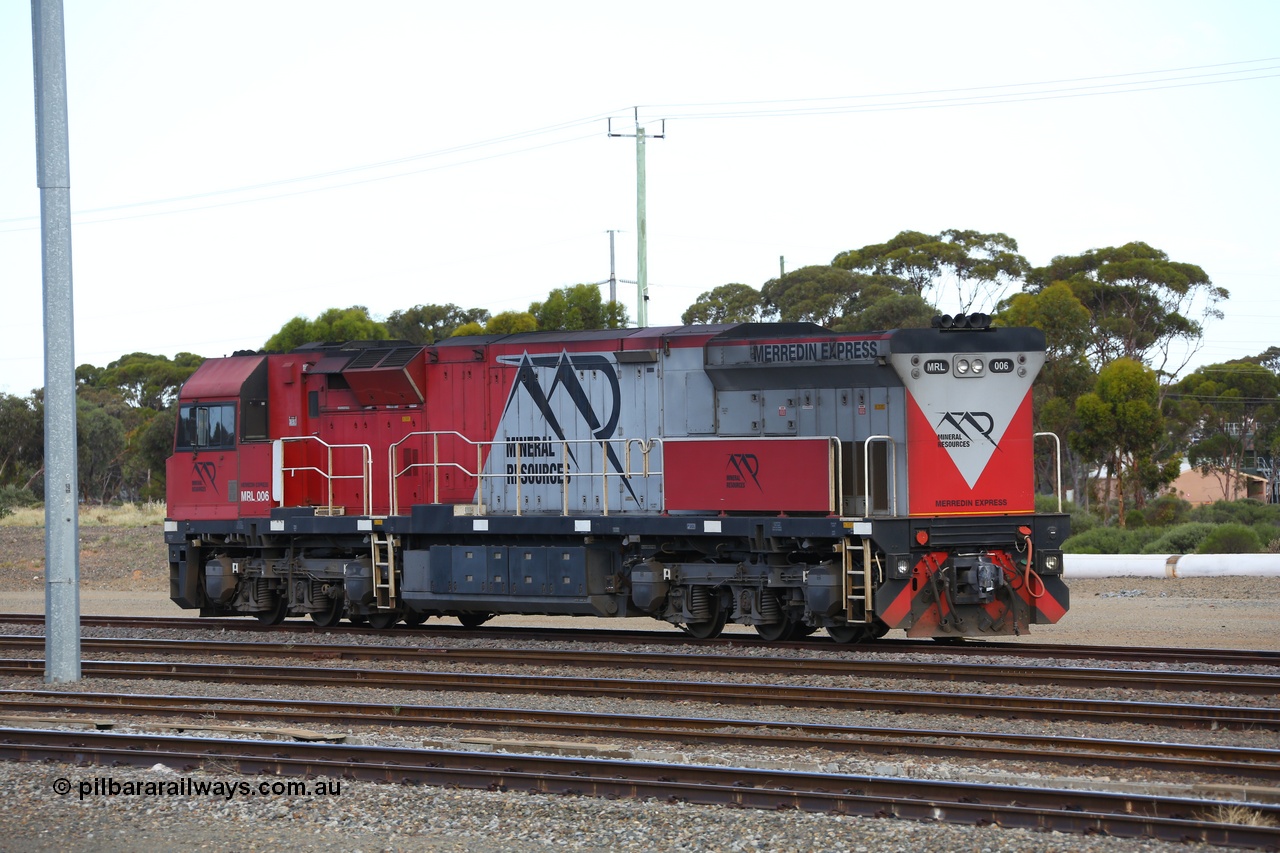 190107 0660
West Kalgoorlie, Mineral Resources MRL class loco MRL 006 'Merredin Express' with serial R-0113-05/14-509 a UGL Rail Broadmeadow NSW built GE model C44ACi model locomotive built in 2014 with 4354 horsepower.
Keywords: MRL-class;MRL006;UGL-Rail-Broadmeadow-NSW;GE;C44ACi;R-0113-05/14-509;