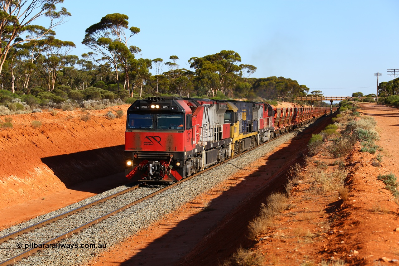 190109 1554
Binduli, Mineral Resources Ltd empty iron ore train 4030 with Mineral Resources own MRL class loco MRL 005 'Carina Flyer' with serial R-0113-05/14-508 a UGL Rail Broadmeadow NSW built GE model C44ACi model locomotive, one of 6 built in 2014.
Keywords: MRL-class;MRL005;R-0113-05/14-508;UGL-Rail-Broadmeadow-NSW;GE;C44aci;