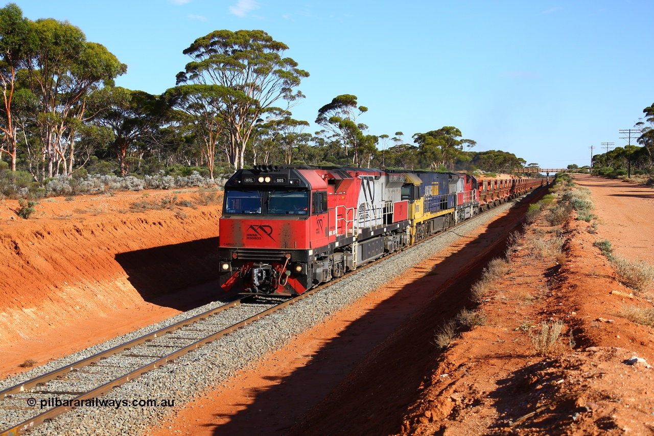 190109 1556
Binduli, Mineral Resources Ltd empty iron ore train 4030 with Mineral Resources own MRL class loco MRL 005 'Carina Flyer' with serial R-0113-05/14-508 a UGL Rail Broadmeadow NSW built GE model C44ACi model locomotive, one of 6 built in 2014.
Keywords: MRL-class;MRL005;R-0113-05/14-508;UGL-Rail-Broadmeadow-NSW;GE;C44aci;