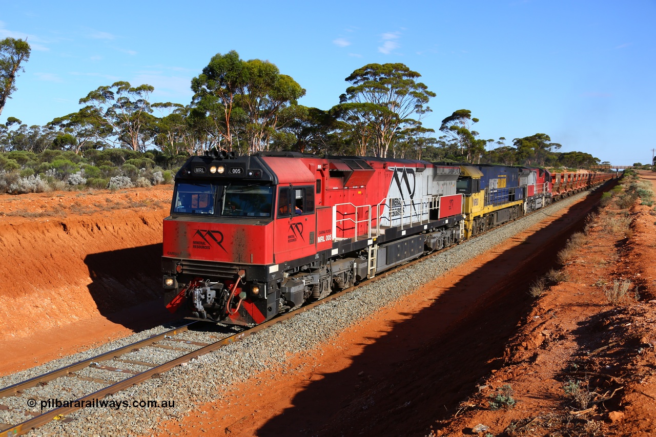 190109 1558
Binduli, Mineral Resources Ltd empty iron ore train 4030 with Mineral Resources own MRL class loco MRL 005 'Carina Flyer' with serial R-0113-05/14-508 a UGL Rail Broadmeadow NSW built GE model C44ACi model locomotive, one of 6 built in 2014.
Keywords: MRL-class;MRL005;R-0113-05/14-508;UGL-Rail-Broadmeadow-NSW;GE;C44aci;