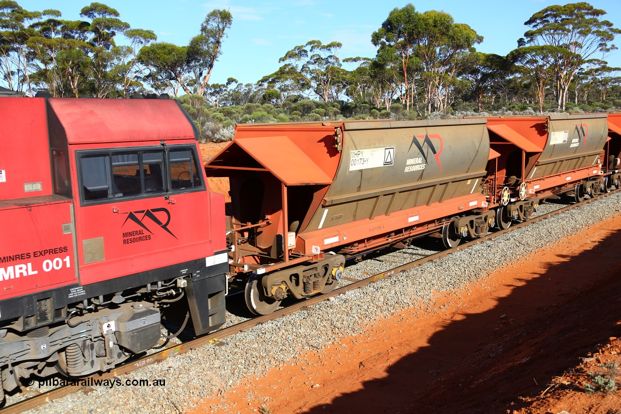 190109 1561
Binduli, Mineral Resources Ltd empty iron ore train 4030 with MRL's MHPY type iron ore waggon MHPY 00173 built by CSR Yangtze Co China serial 2014/382-173 in 2014 as a batch of 382 units, these bottom discharge hopper waggons are operated in 'married' pairs.
Keywords: MHPY-type;MHPY00173;2014/382-173;CSR-Yangtze-Rolling-Stock-Co-China;