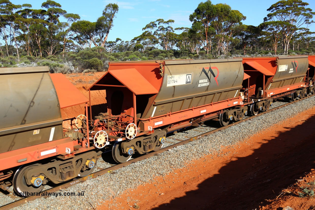190109 1562
Binduli, Mineral Resources Ltd empty iron ore train 4030 with MRL's MHPY type iron ore waggon MHPY 00174 built by CSR Yangtze Co China serial 2014/382-174 in 2014 as a batch of 382 units, these bottom discharge hopper waggons are operated in 'married' pairs.
Keywords: MHPY-type;MHPY00174;2014/382-174;CSR-Yangtze-Rolling-Stock-Co-China;