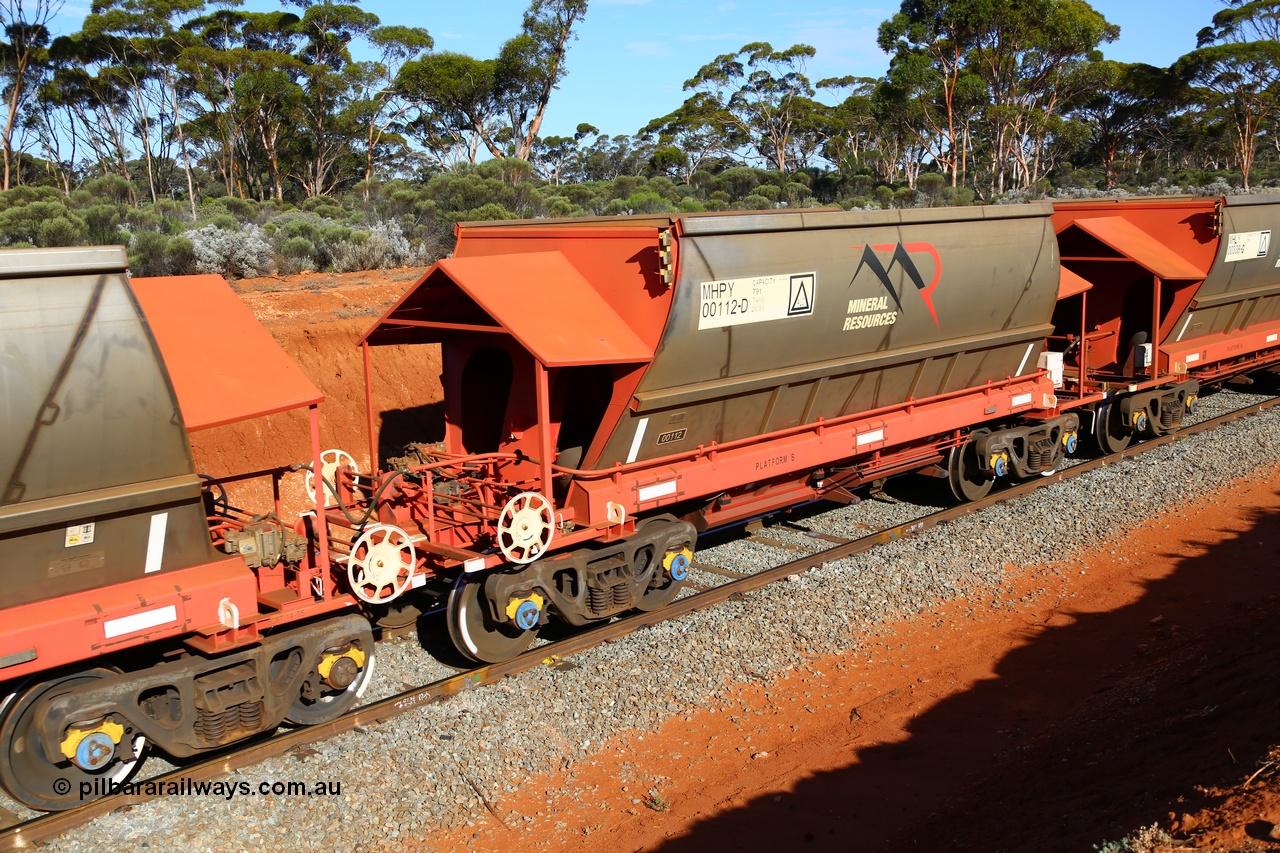 190109 1566
Binduli, Mineral Resources Ltd empty iron ore train 4030 with MRL's MHPY type iron ore waggon MHPY 00112 built by CSR Yangtze Co China serial 2014/382-112 in 2014 as a batch of 382 units, these bottom discharge hopper waggons are operated in 'married' pairs.
Keywords: MHPY-type;MHPY00112;2014/382-112;CSR-Yangtze-Rolling-Stock-Co-China;