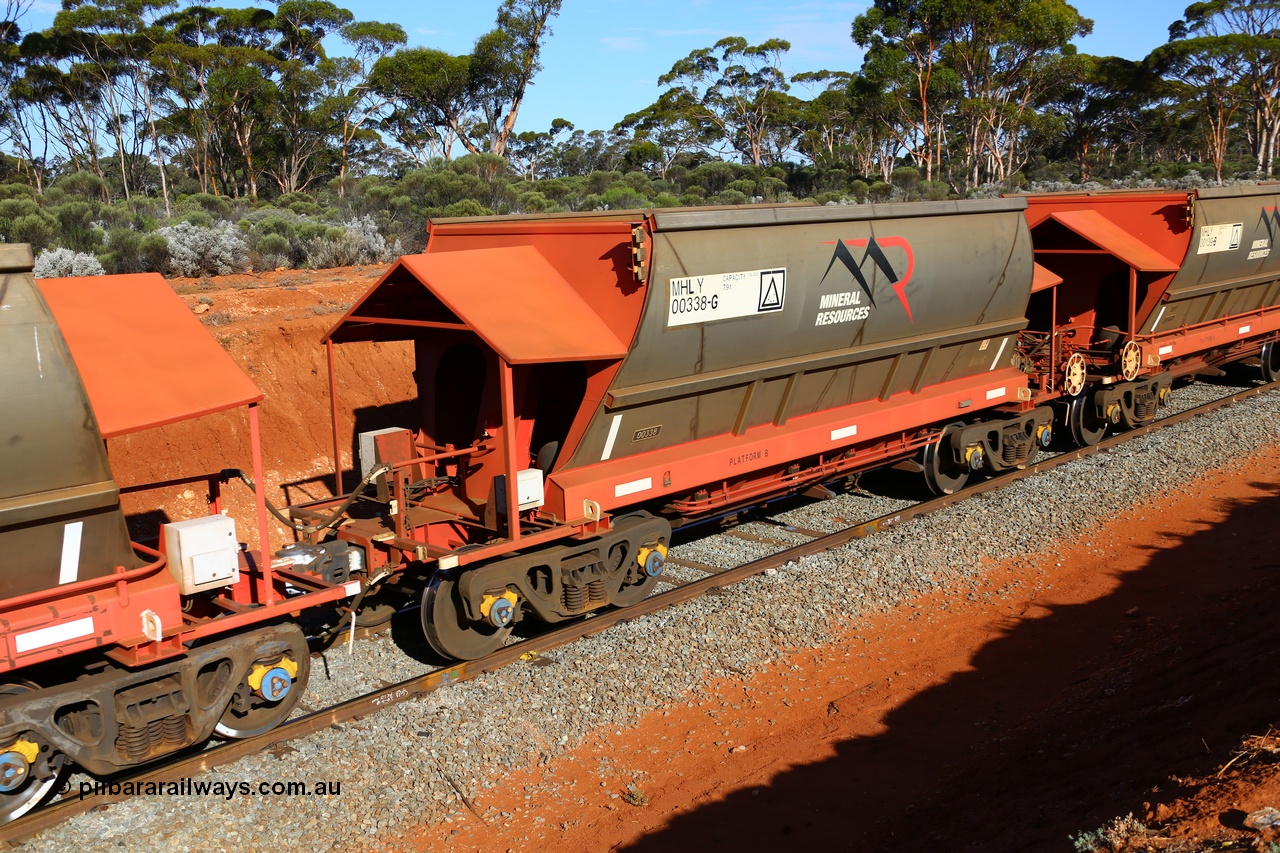 190109 1567
Binduli, Mineral Resources Ltd empty iron ore train 4030 with MRL's MHLY type iron ore waggon MHLY 00338 built by CSR Yangtze Co China serial 2014/382-338 in 2014 as a batch of 382 units, these bottom discharge hopper waggons have been split from the 'married' pairs the rest of the fleet are operated as and are single waggons, of which only four exist.
Keywords: MHLY-type;MHLY00338;2014/382-338;CSR-Yangtze-Rolling-Stock-Co-China;