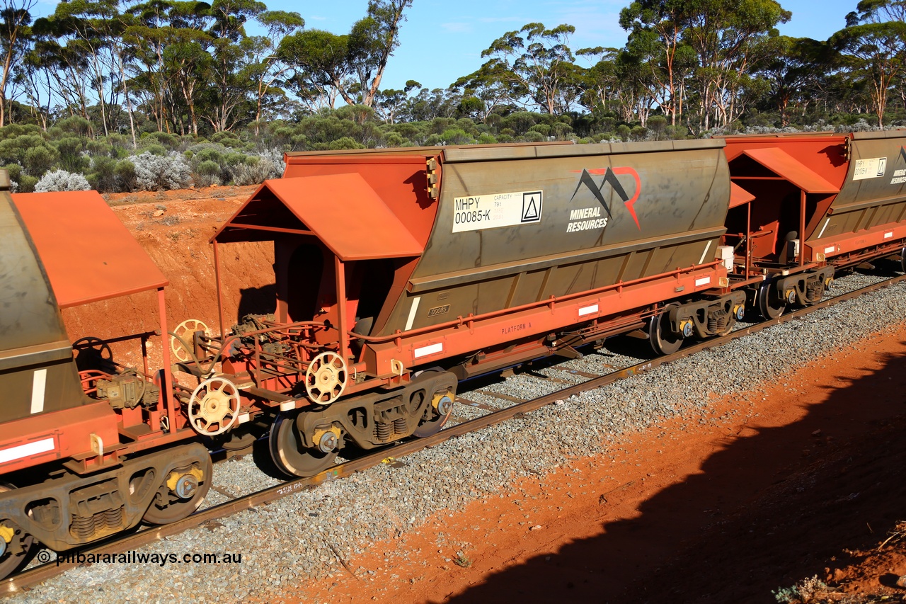190109 1570
Binduli, Mineral Resources Ltd empty iron ore train 4030 with MRL's MHPY type iron ore waggon MHPY 00086 built by CSR Yangtze Co China serial 2014/382-86 in 2014 as a batch of 382 units, these bottom discharge hopper waggons are operated in 'married' pairs.
Keywords: MHPY-type;MHPY00085;2014/382-85;CSR-Yangtze-Rolling-Stock-Co-China;
