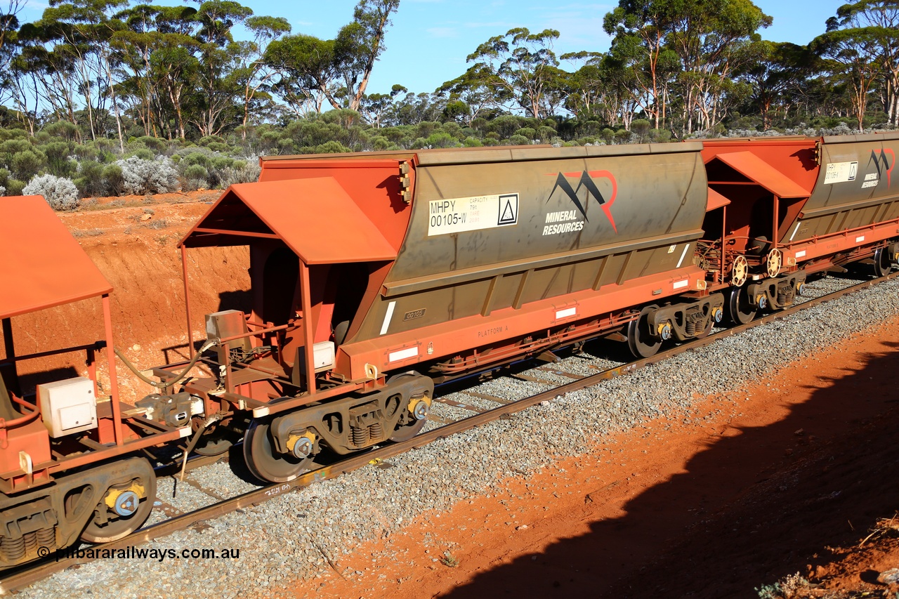 190109 1571
Binduli, Mineral Resources Ltd empty iron ore train 4030 with MRL's MHPY type iron ore waggon MHPY 00105 built by CSR Yangtze Co China serial 2014/382-105 in 2014 as a batch of 382 units, these bottom discharge hopper waggons are operated in 'married' pairs.
Keywords: MHPY-type;MHPY00105;2014/382-105;CSR-Yangtze-Rolling-Stock-Co-China;