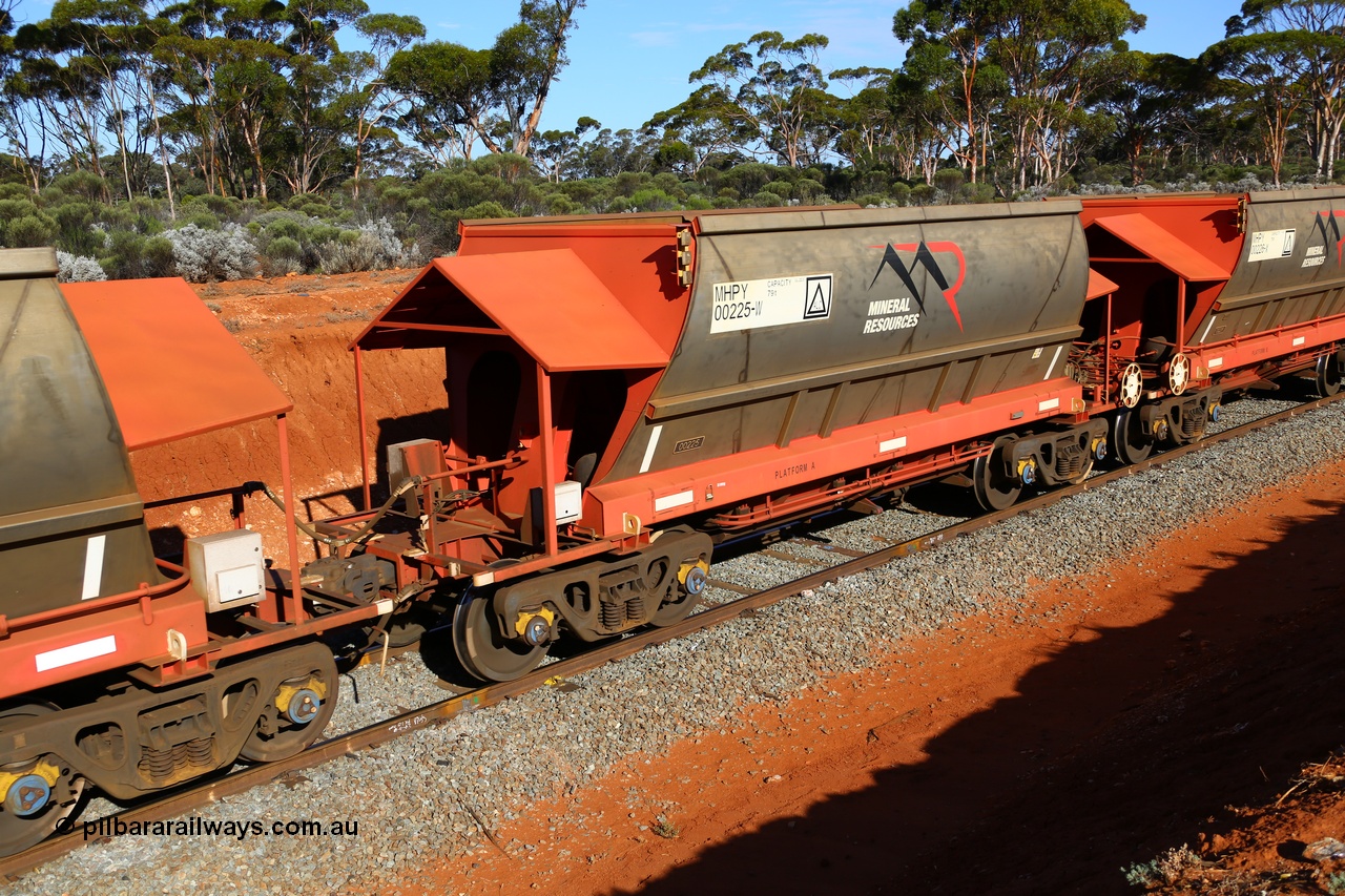 190109 1575
Binduli, Mineral Resources Ltd empty iron ore train 4030 with MRL's MHPY type iron ore waggon MHPY 00225 built by CSR Yangtze Co China serial 2014/382-225 in 2014 as a batch of 382 units, these bottom discharge hopper waggons are operated in 'married' pairs.
Keywords: MHPY-type;MHPY00225;2014/382-225;CSR-Yangtze-Rolling-Stock-Co-China;