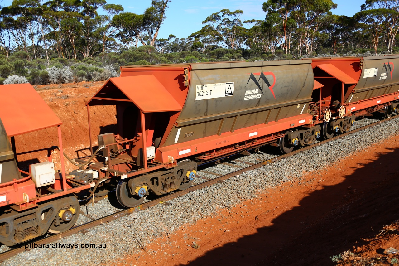 190109 1577
Binduli, Mineral Resources Ltd empty iron ore train 4030 with MRL's MHPY type iron ore waggon MHPY 00226 built by CSR Yangtze Co China serial 2014/382-226 in 2014 as a batch of 382 units, these bottom discharge hopper waggons are operated in 'married' pairs.
Keywords: MHPY-type;MHPY00213;2014/382-213;CSR-Yangtze-Co-China;